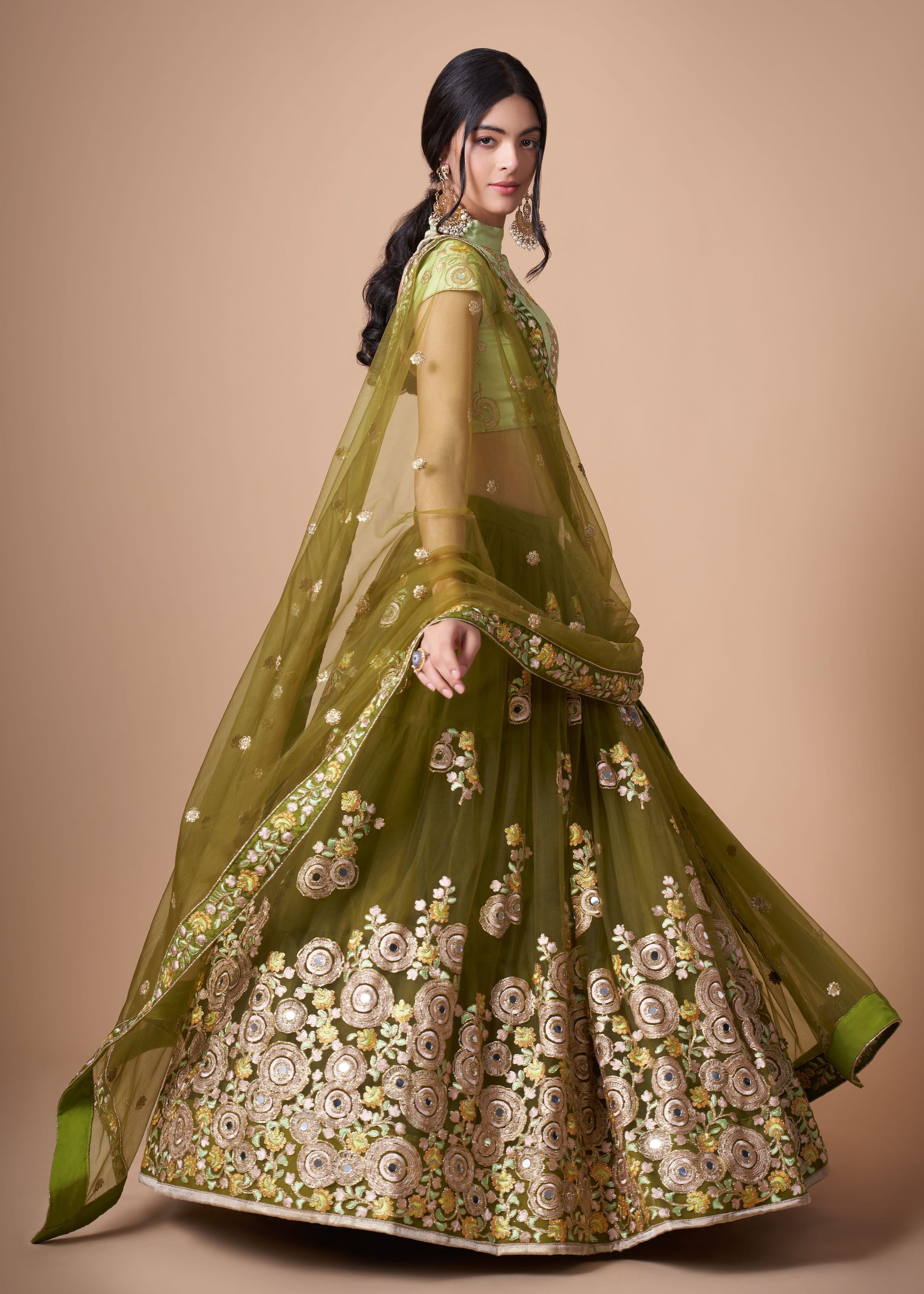 Mehndi green Lehenga Choli With Thread, Zari, Dori And Sequins Embroidery With Mirror Work