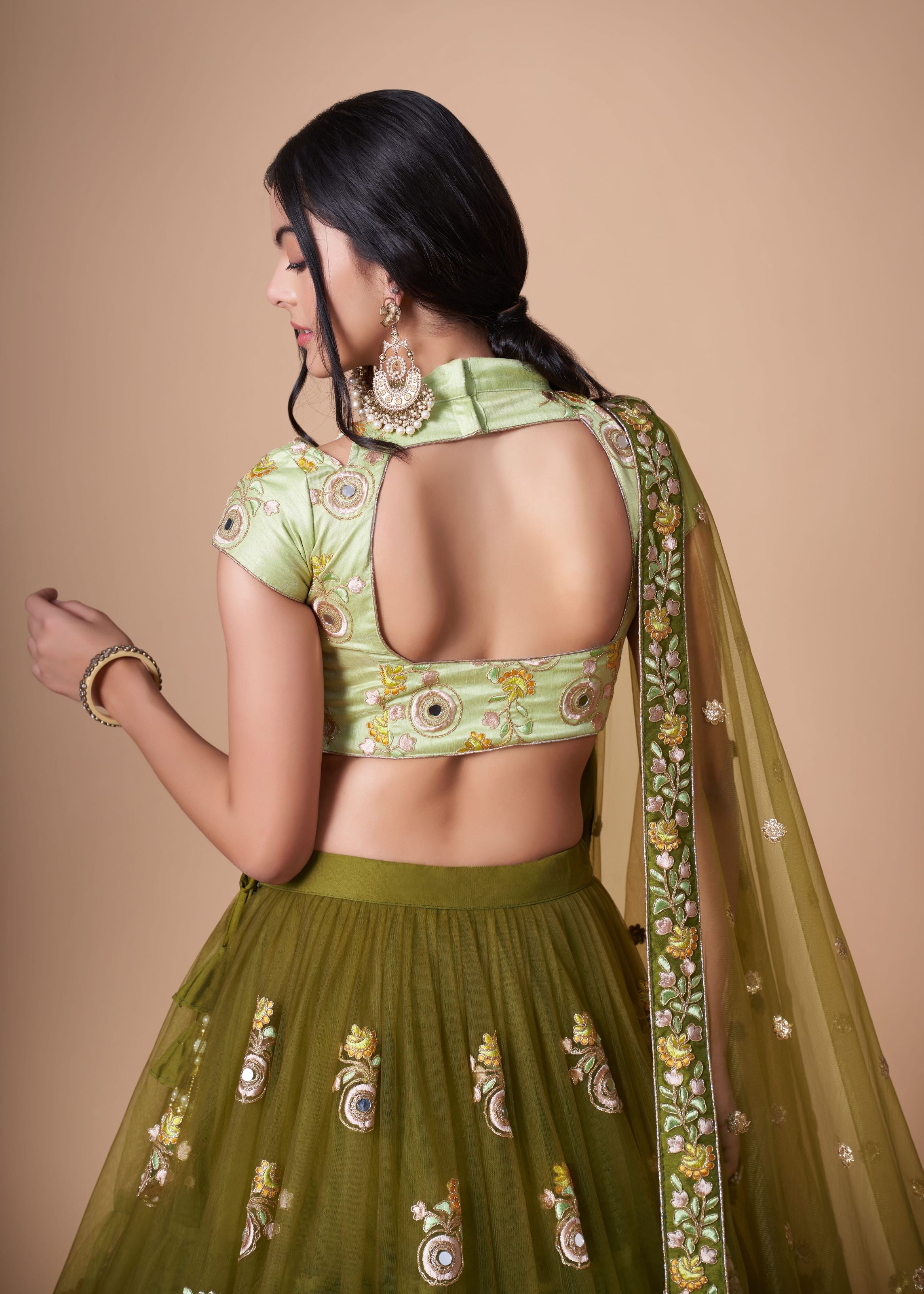 Mehndi green Lehenga Choli With Thread, Zari, Dori And Sequins Embroidery With Mirror Work