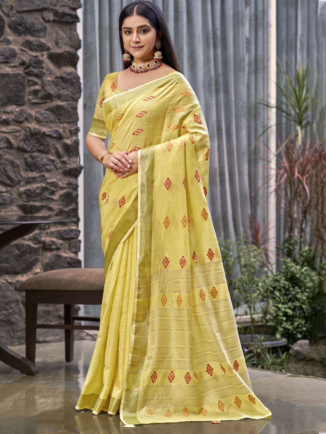 Mellow Yellow Colour Soft Linen Saree