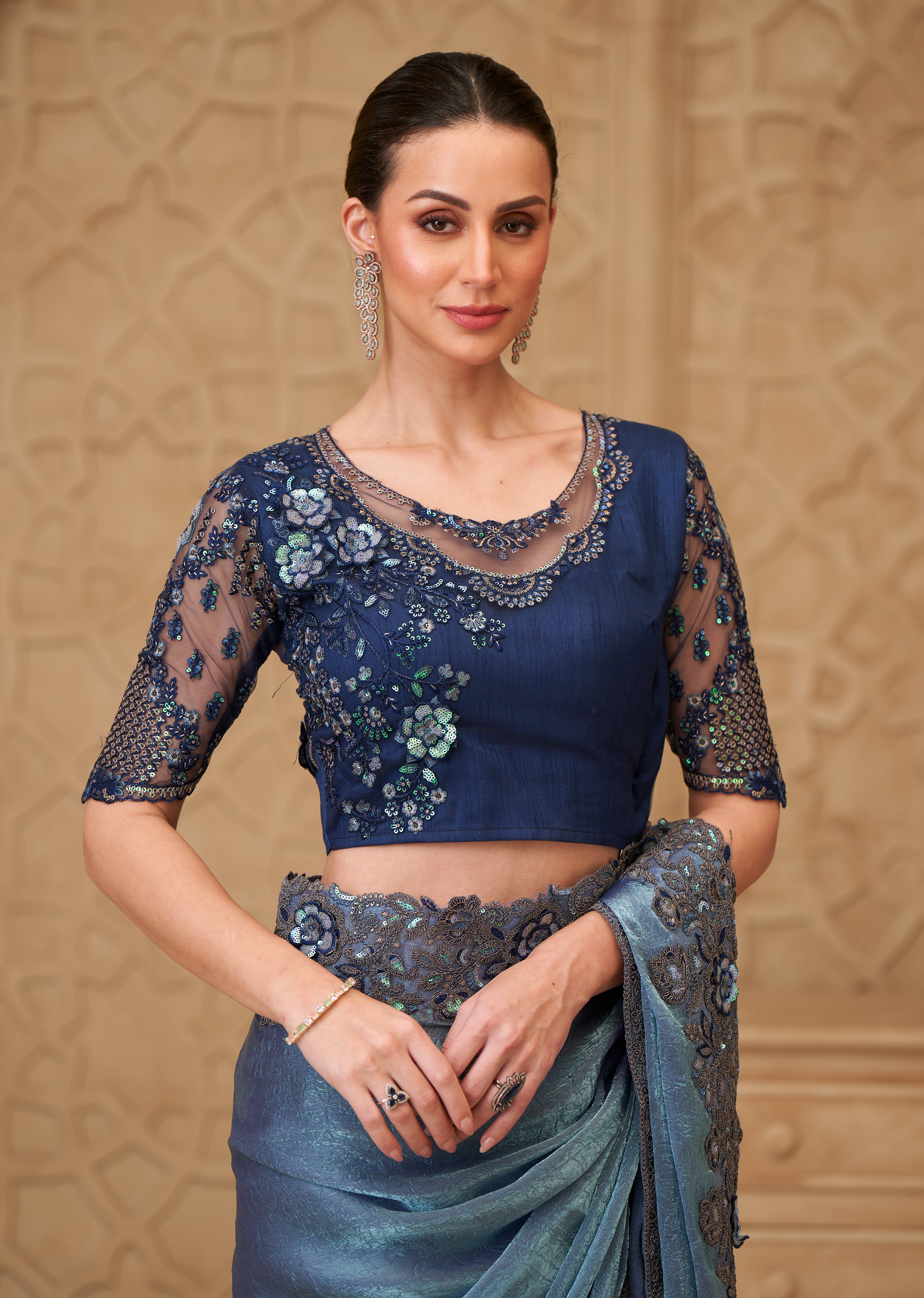 Metal Blue Saree With Heavy Thread Embroidery Sequins Border Work With Embroidery Blouse