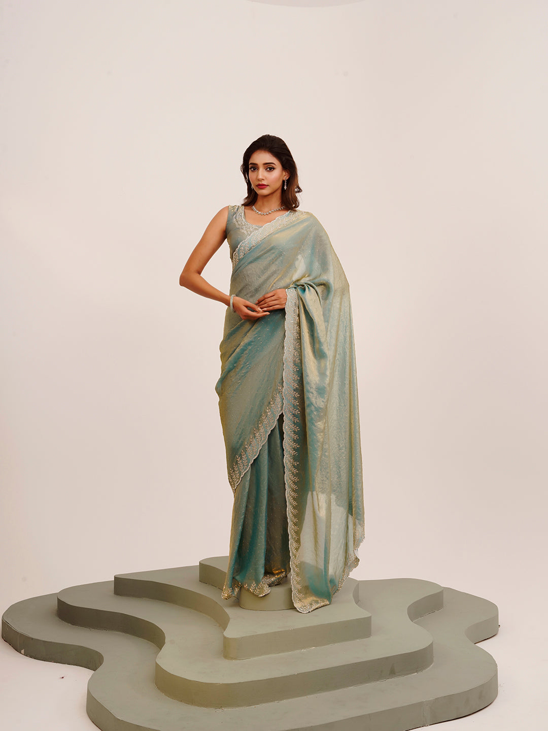 Metallic Grey Embellished Beads And Stones Satin Saree For Beautiful Partywear Saree