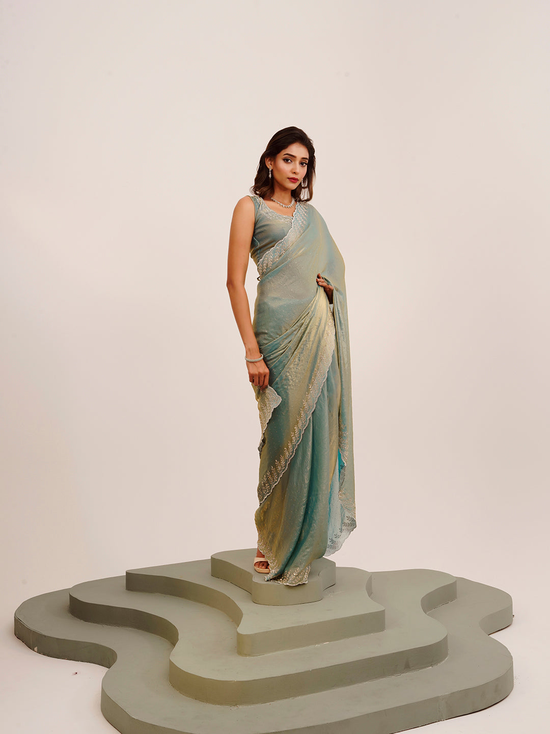 Metallic Grey Embellished Beads And Stones Satin Saree For Beautiful Partywear Saree