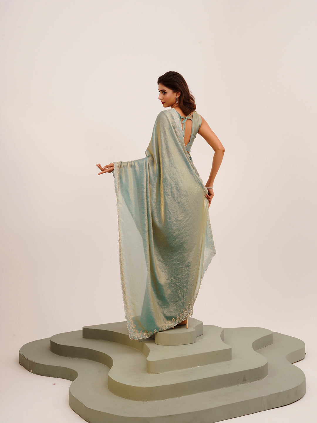 Metallic Grey Embellished Beads And Stones Satin Saree For Beautiful Partywear Saree