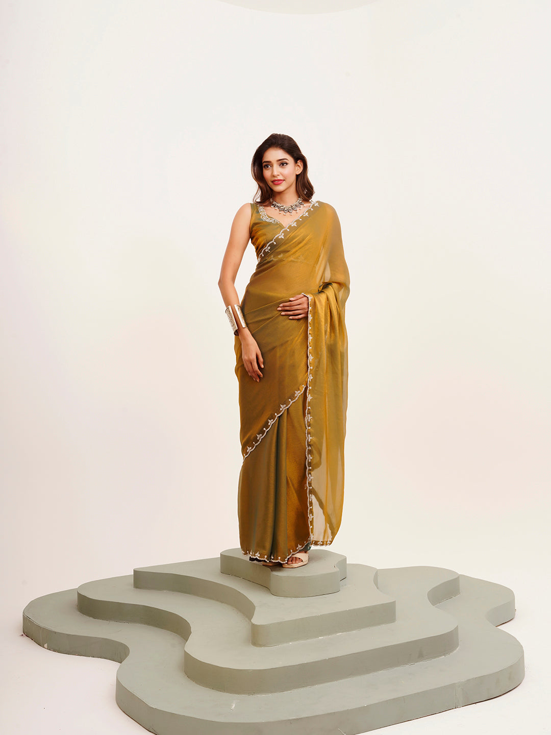 Metallic Mustard Beautiful Partywear Embellished Beads And Stones Satin Saree