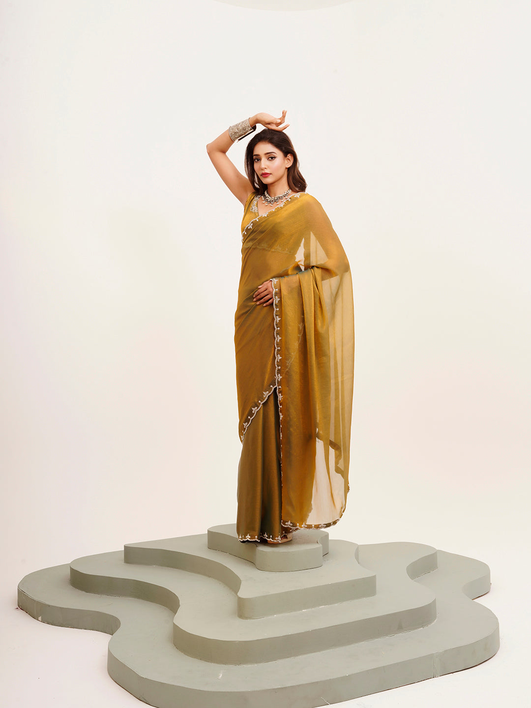 Metallic Mustard Beautiful Partywear Embellished Beads And Stones Satin Saree