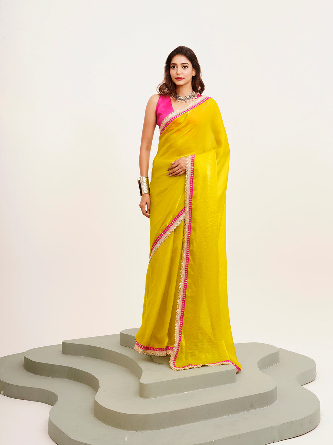 Metallic Yellow Beautiful Partywear Embellished Sequinned Satin Saree