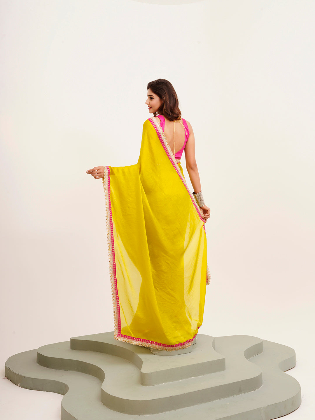 Metallic Yellow Beautiful Partywear Embellished Sequinned Satin Saree