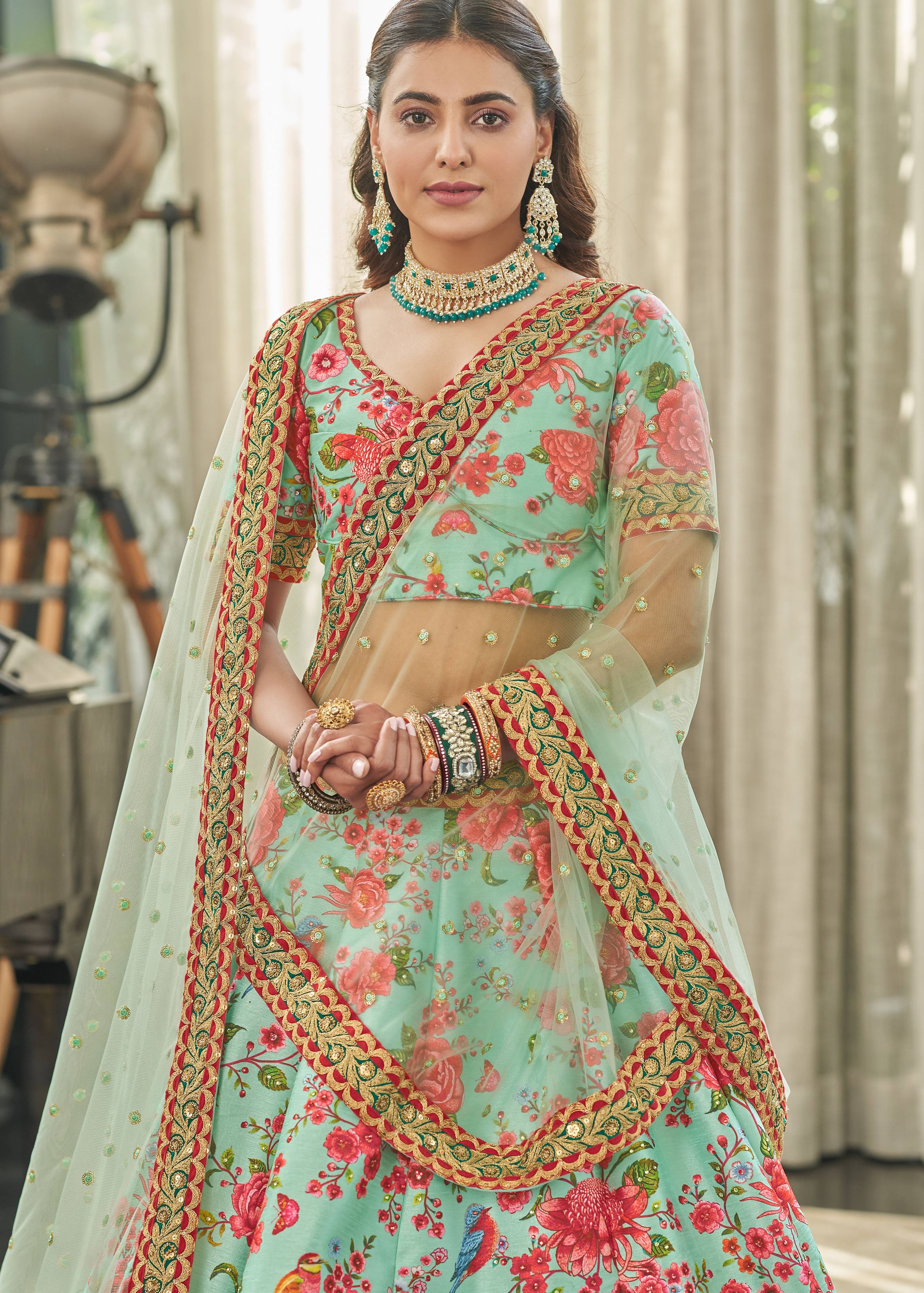 Mint-Red Lehenga Choli With Digital Print With Dori, Sequins And Stone Work