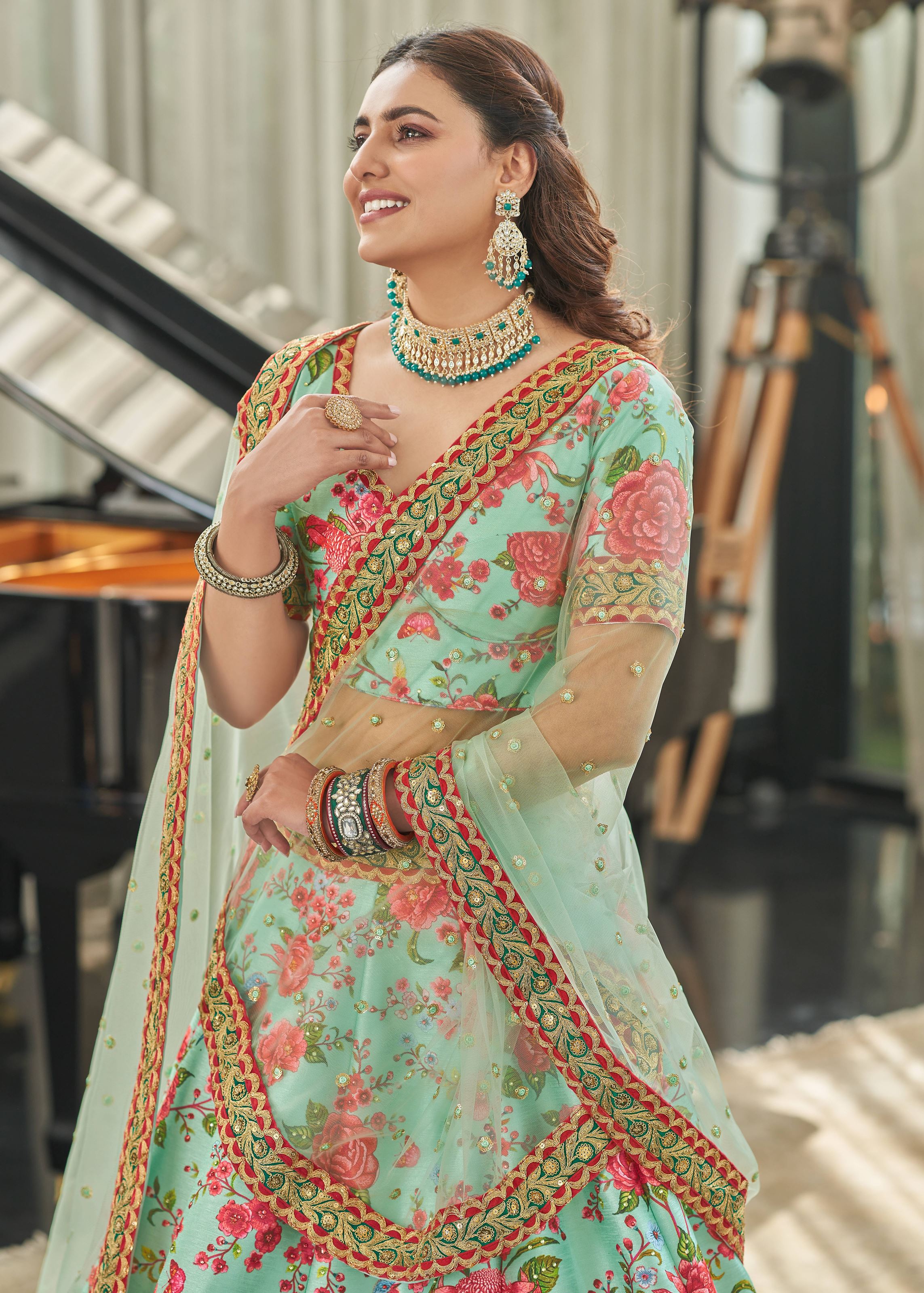 Mint-Red Lehenga Choli With Digital Print With Dori, Sequins And Stone Work