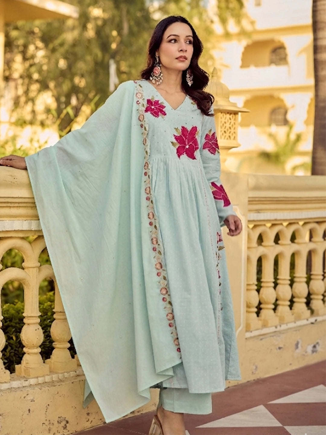 Mint Green Cotton Butti Kurta Pant Set With Heavy Thread Embroidery Work