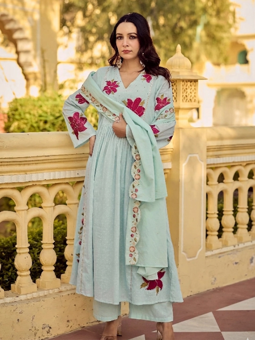 Mint Green Cotton Butti Kurta Pant Set With Heavy Thread Embroidery Work