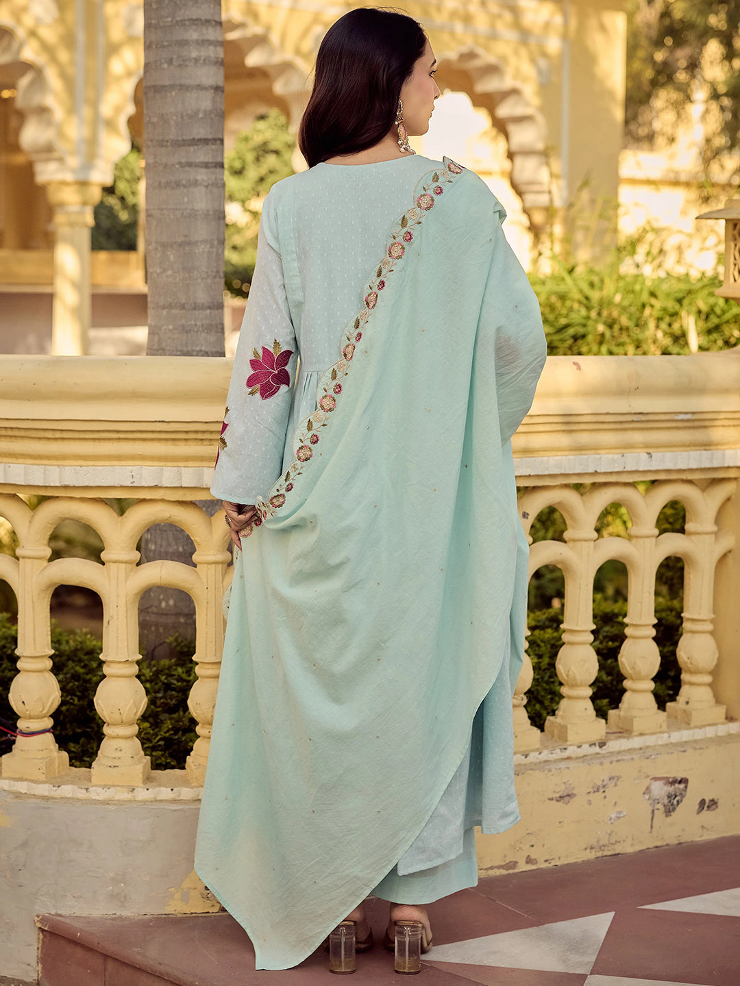 Mint Green Cotton Butti Kurta Pant Set With Heavy Thread Embroidery Work