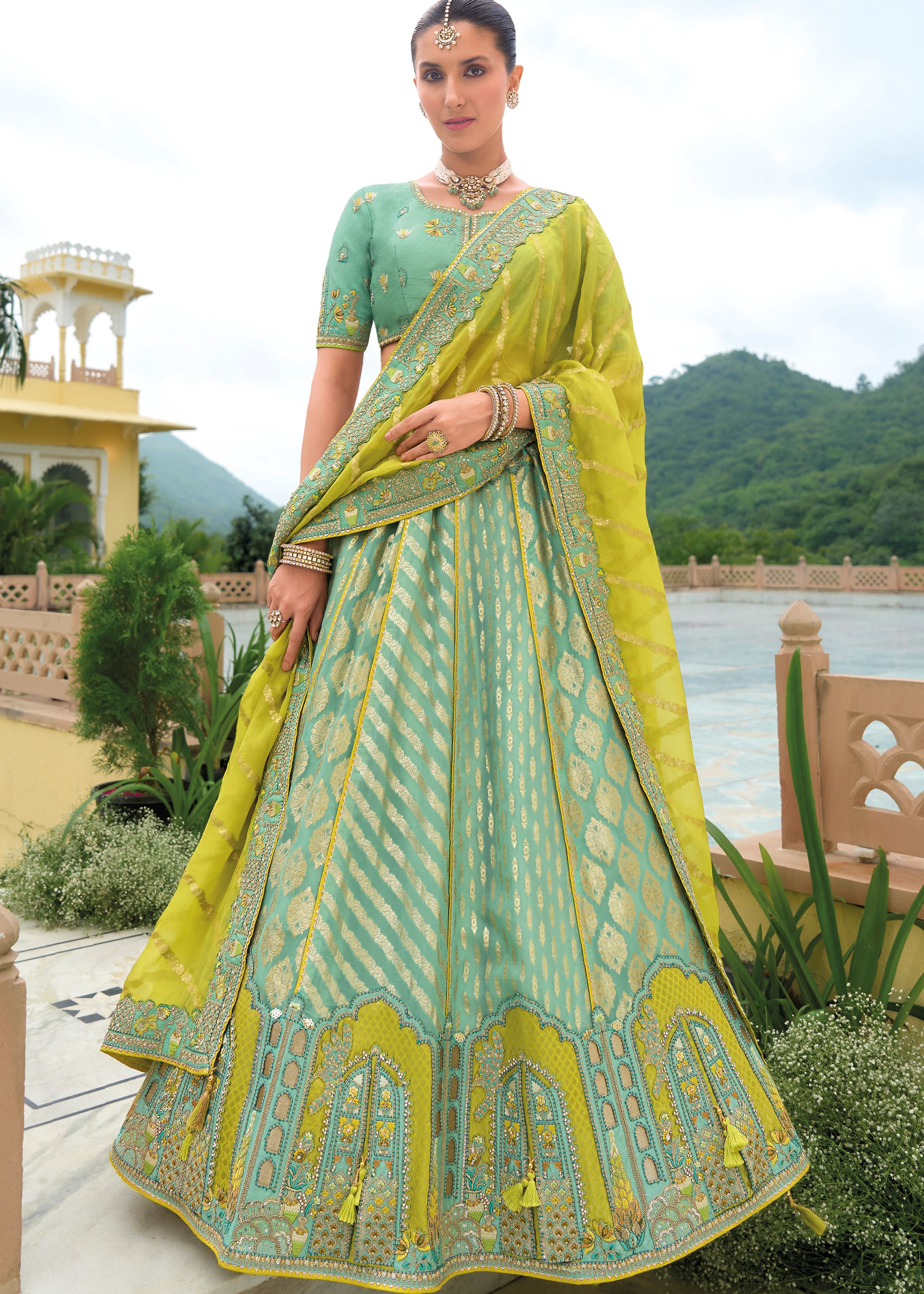 Mint Green Lehenga Choli With Heavy Thread Embroidery, Khatli With Sequins Work
