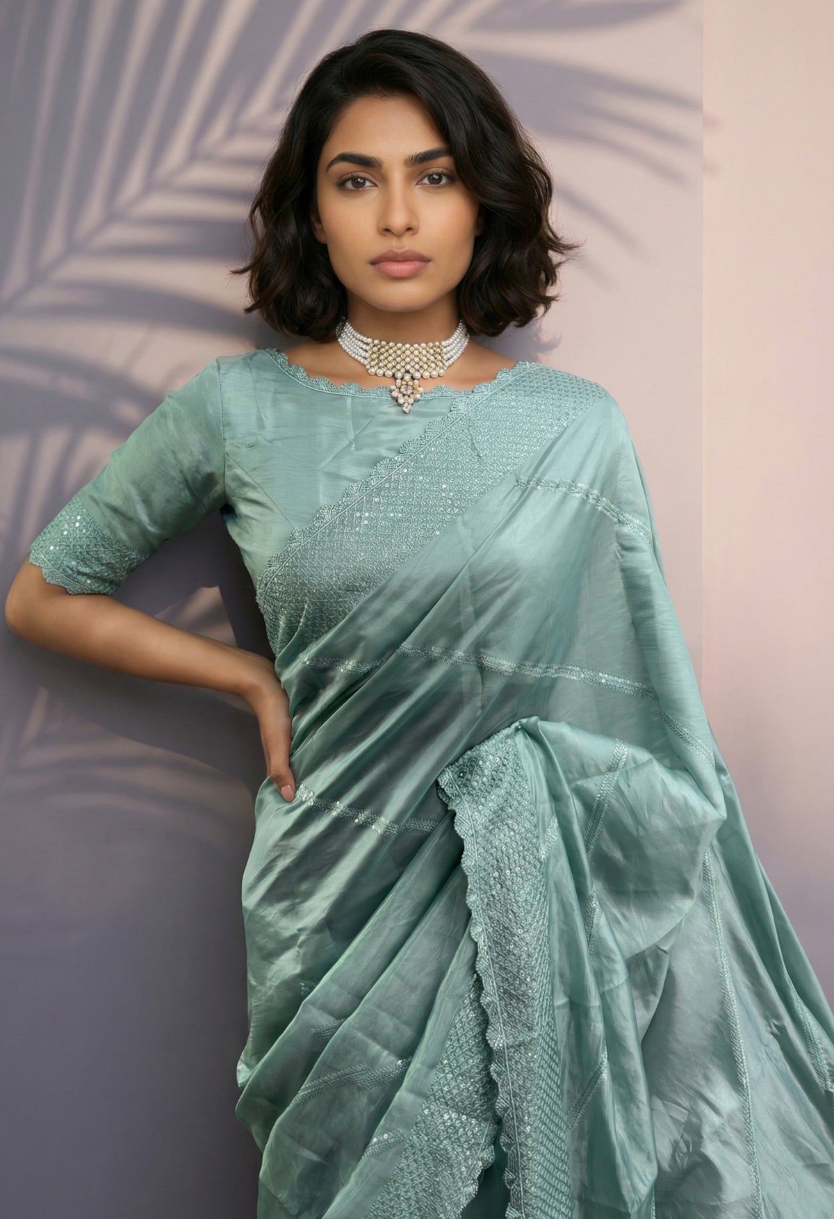 Mint Green Rasberry Silk Saree with Heavy Thread Sequins Detailing