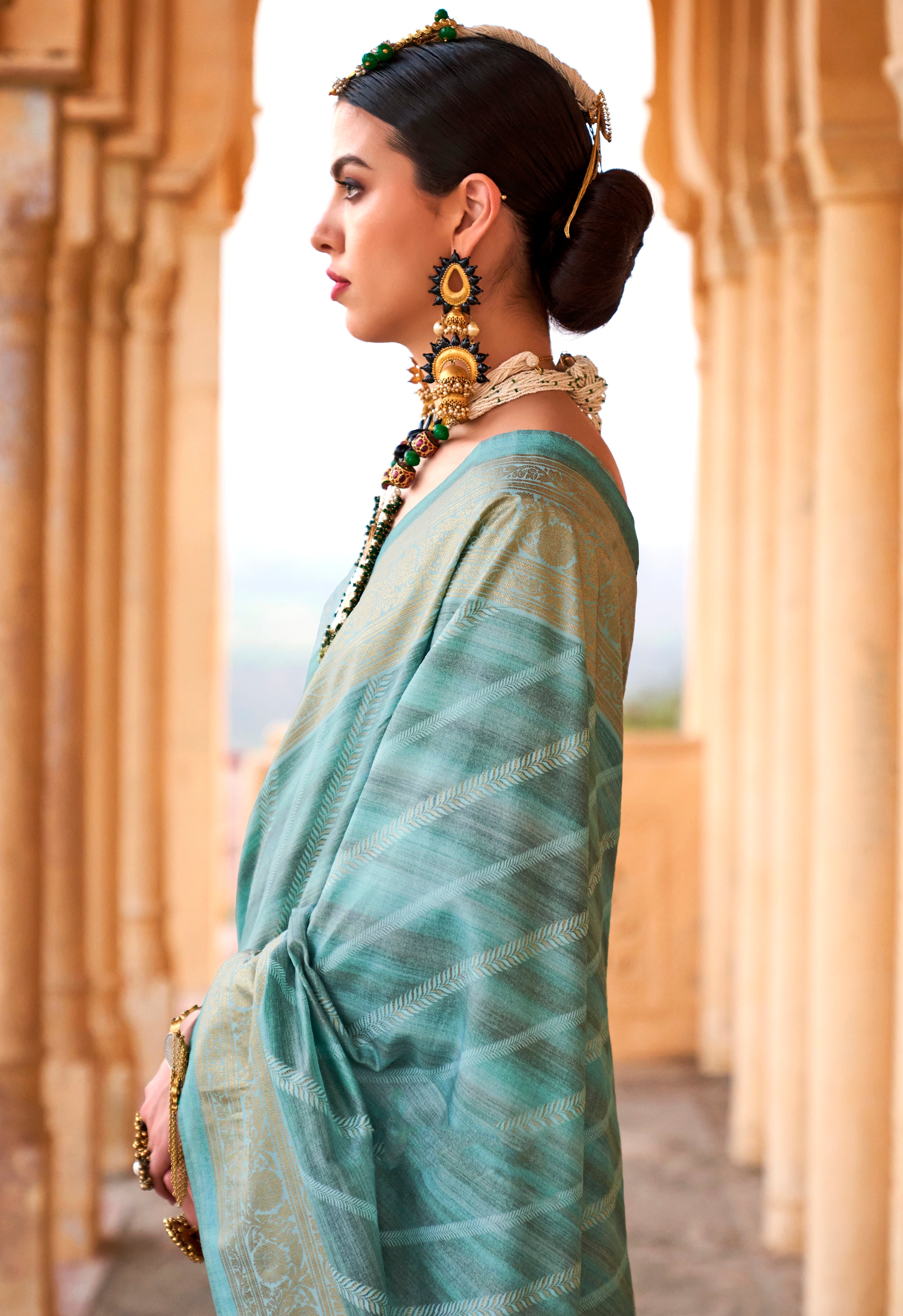Mint Green Saree With Jacquard Woven Work