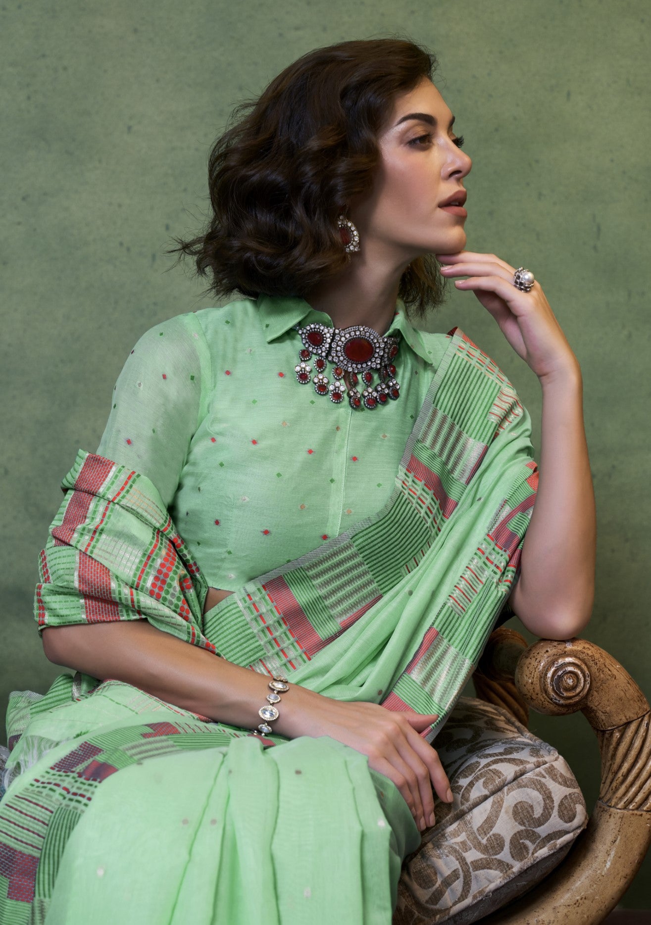 Mint Green Spun Cotton Saree With Jacquard Woven Work
