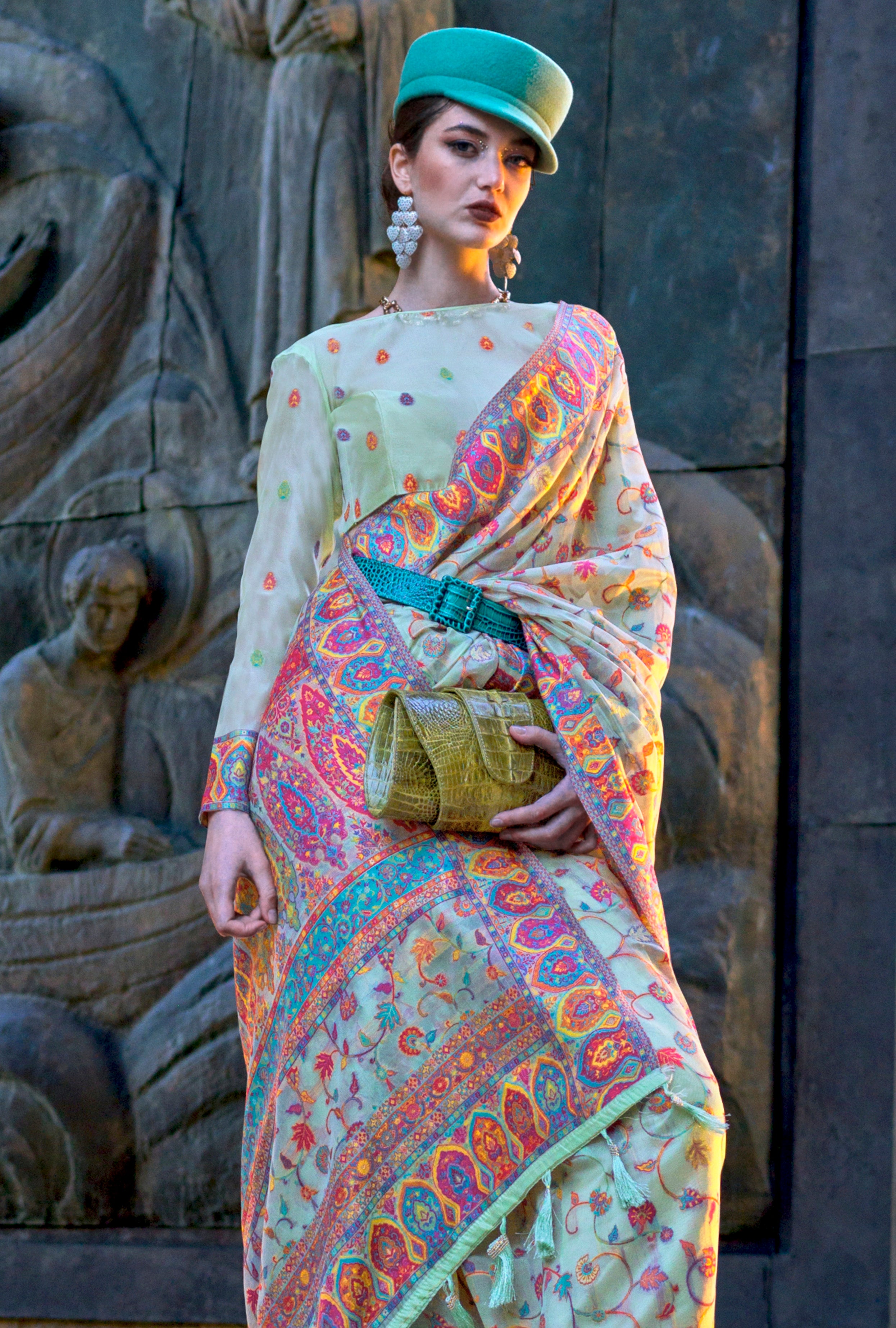 Mint Handloom Organza Saree With Handloom Kashmiri Jacquard Woven Work