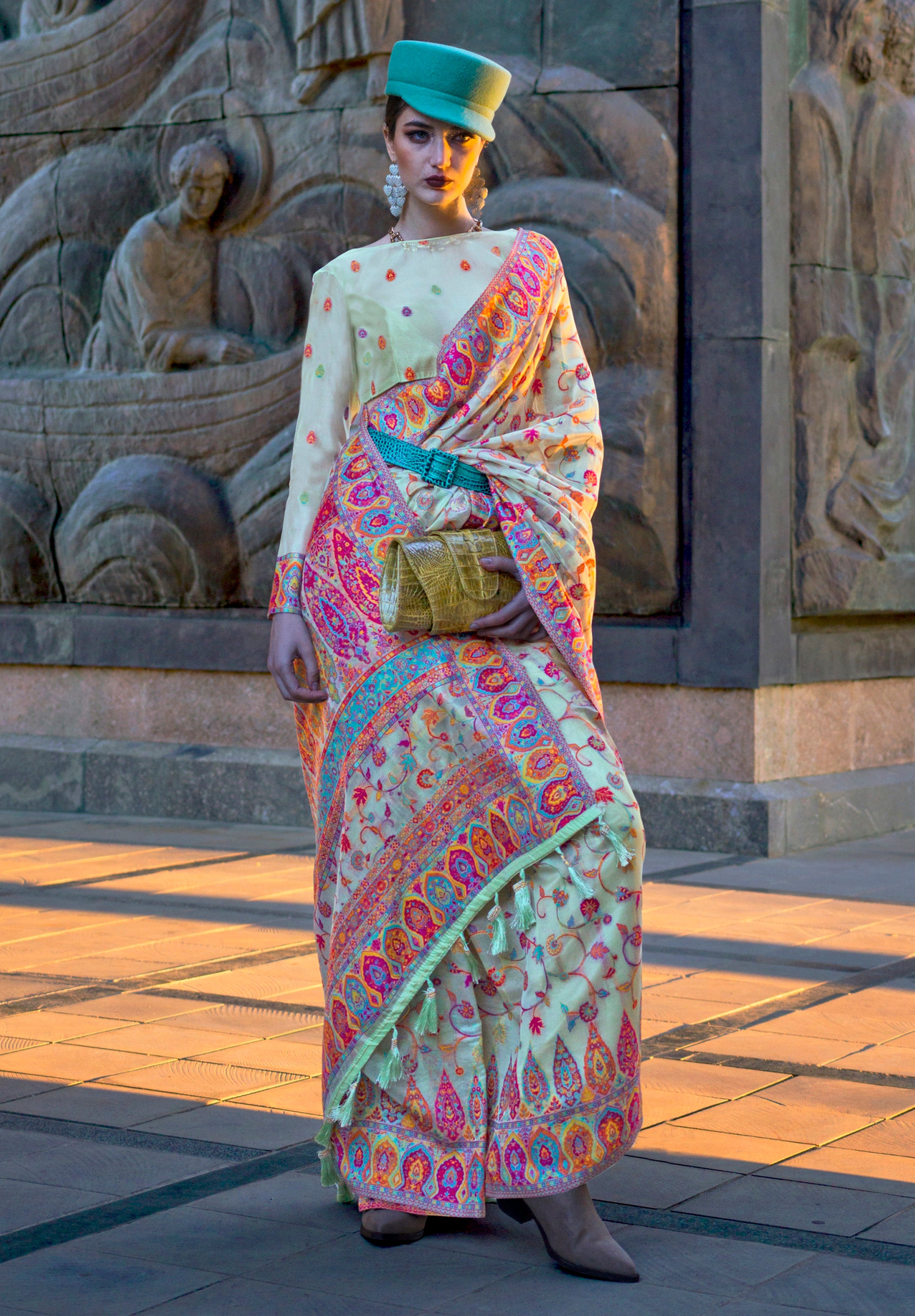 Mint Handloom Organza Saree With Handloom Kashmiri Jacquard Woven Work