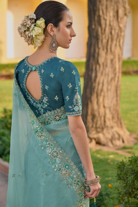 Mint Organza Silk Saree With Heavy Thread Embroidery With Sequins Work