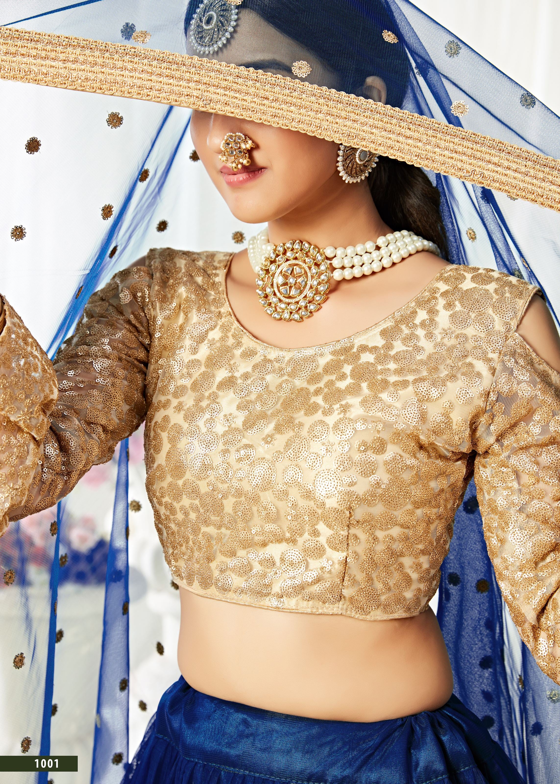 Morepeach And Golden Lehenga Choli With Sequins And Thread Embroidered Work