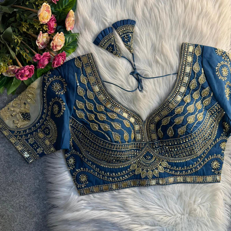 Morepeach Blush Royal Elephant Patch Work Bridal Blouse Roman Silk Heavy Beads & Sequins Designer Wear