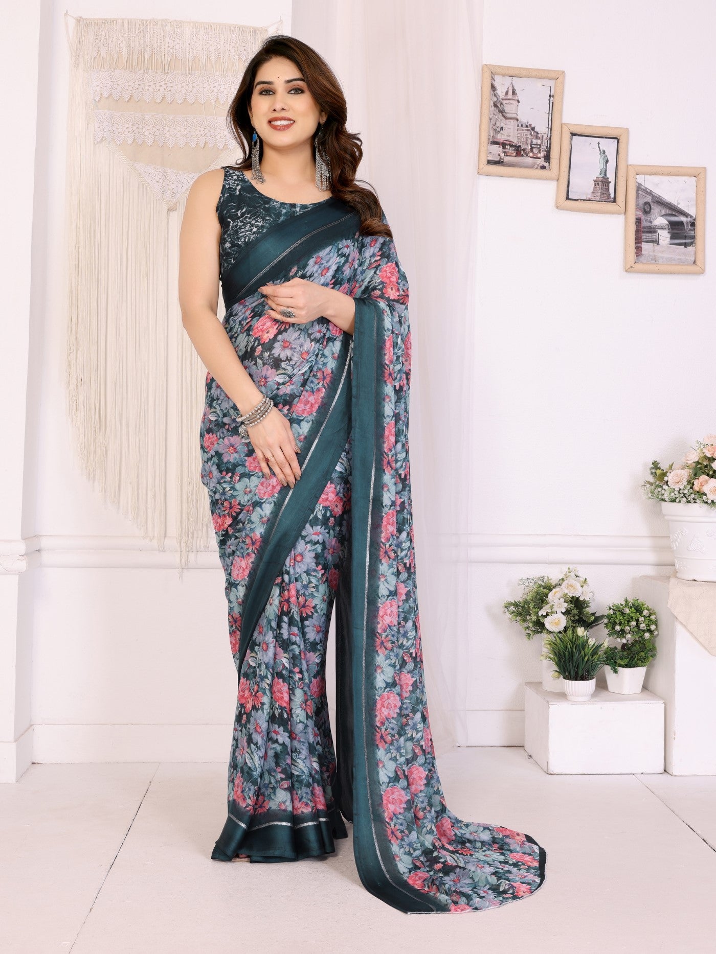 Morpich Bright Moss Satin Patta Saree With Printed Design
