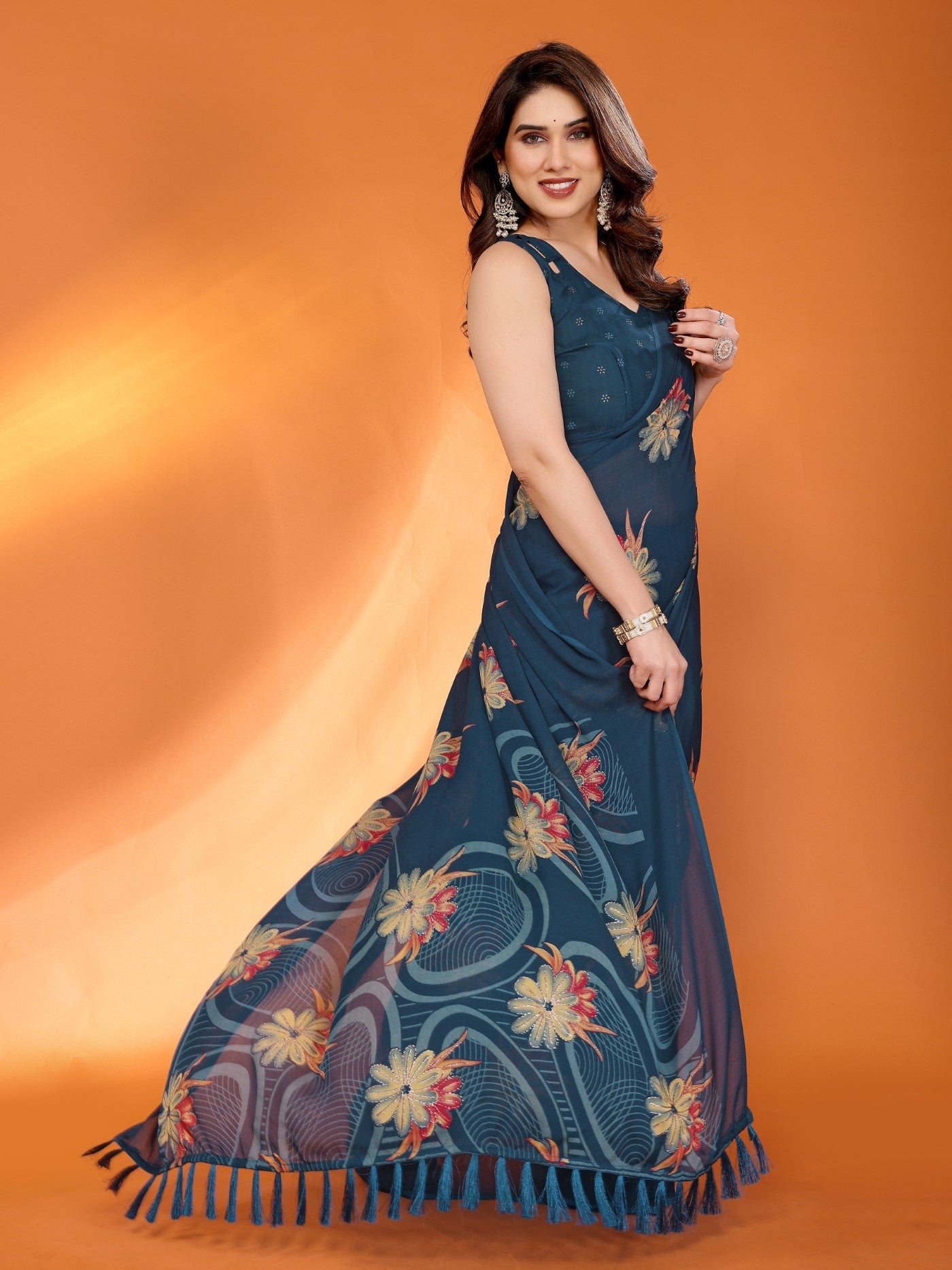 Morpich Bright Moss Satin Patta Saree With Printed Design