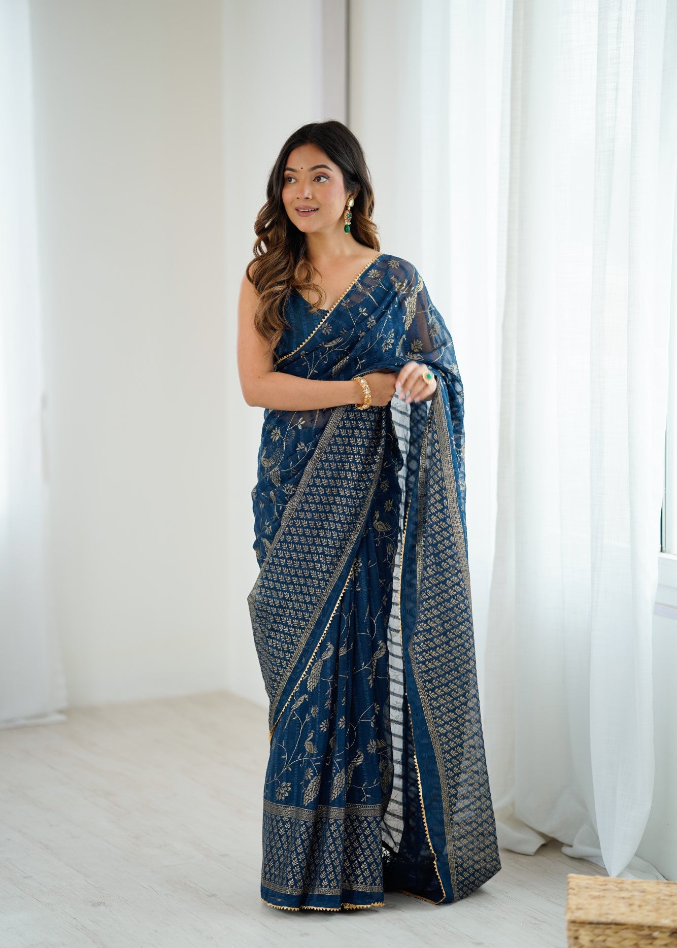 Morpich Georgette Patta Saree With Foil Work And Lace Border