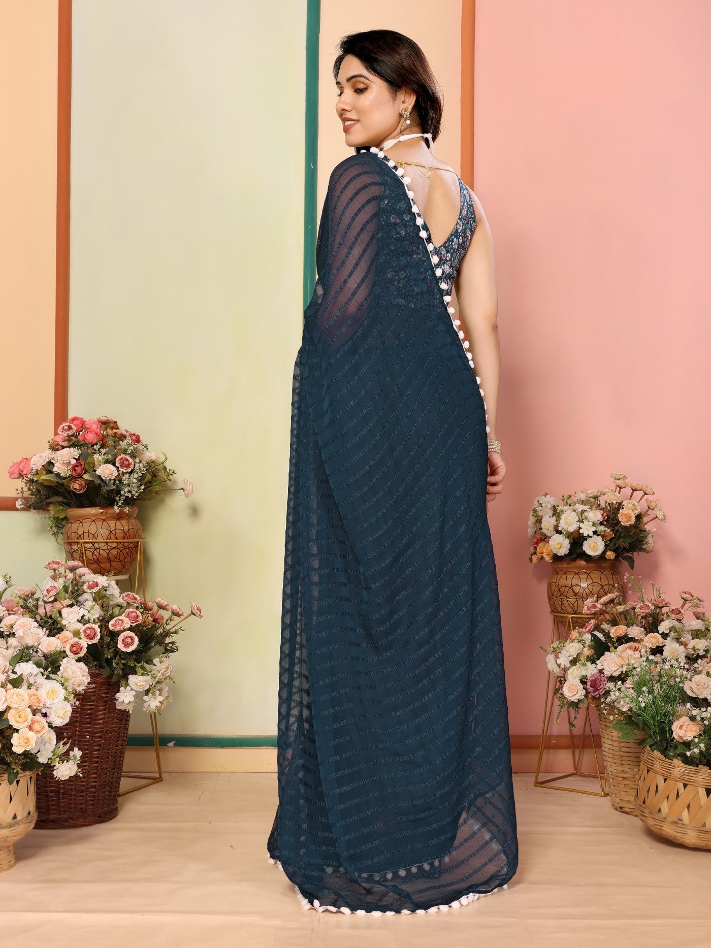 Morpich Georgette Patta Saree With Plain Saree With Digital Print Blouse