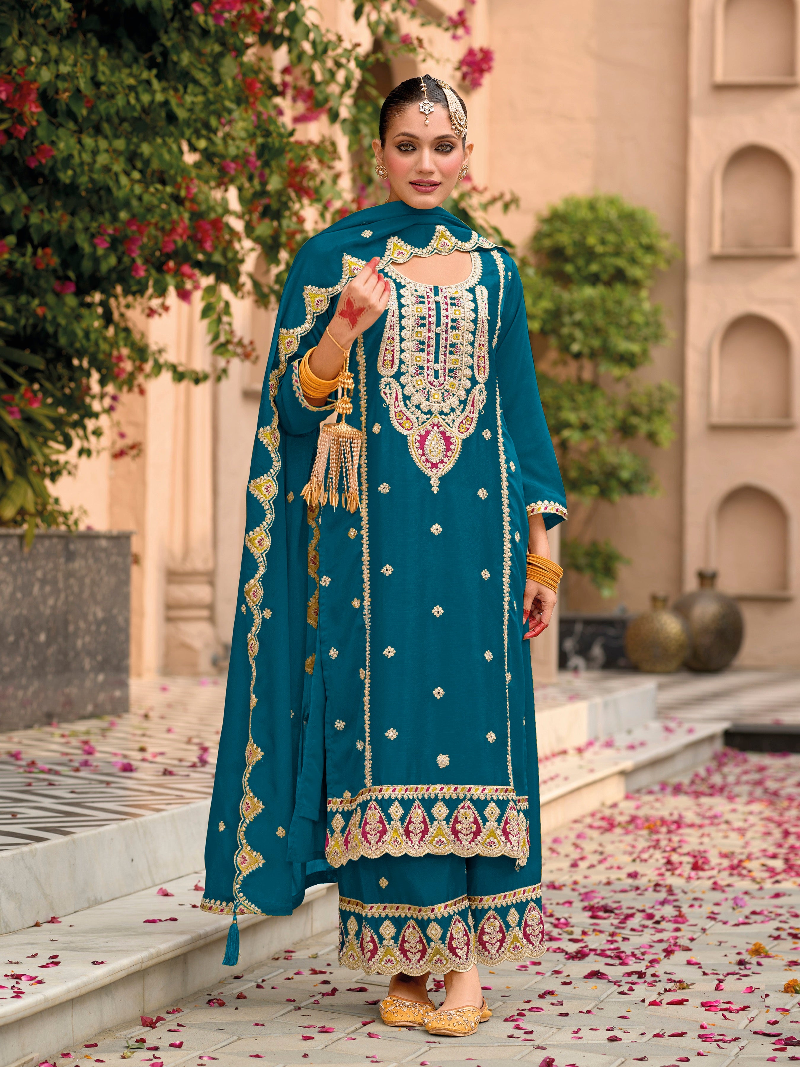 Morpich Palazzo Style Salwar Suit With Heavy Embroidery Work