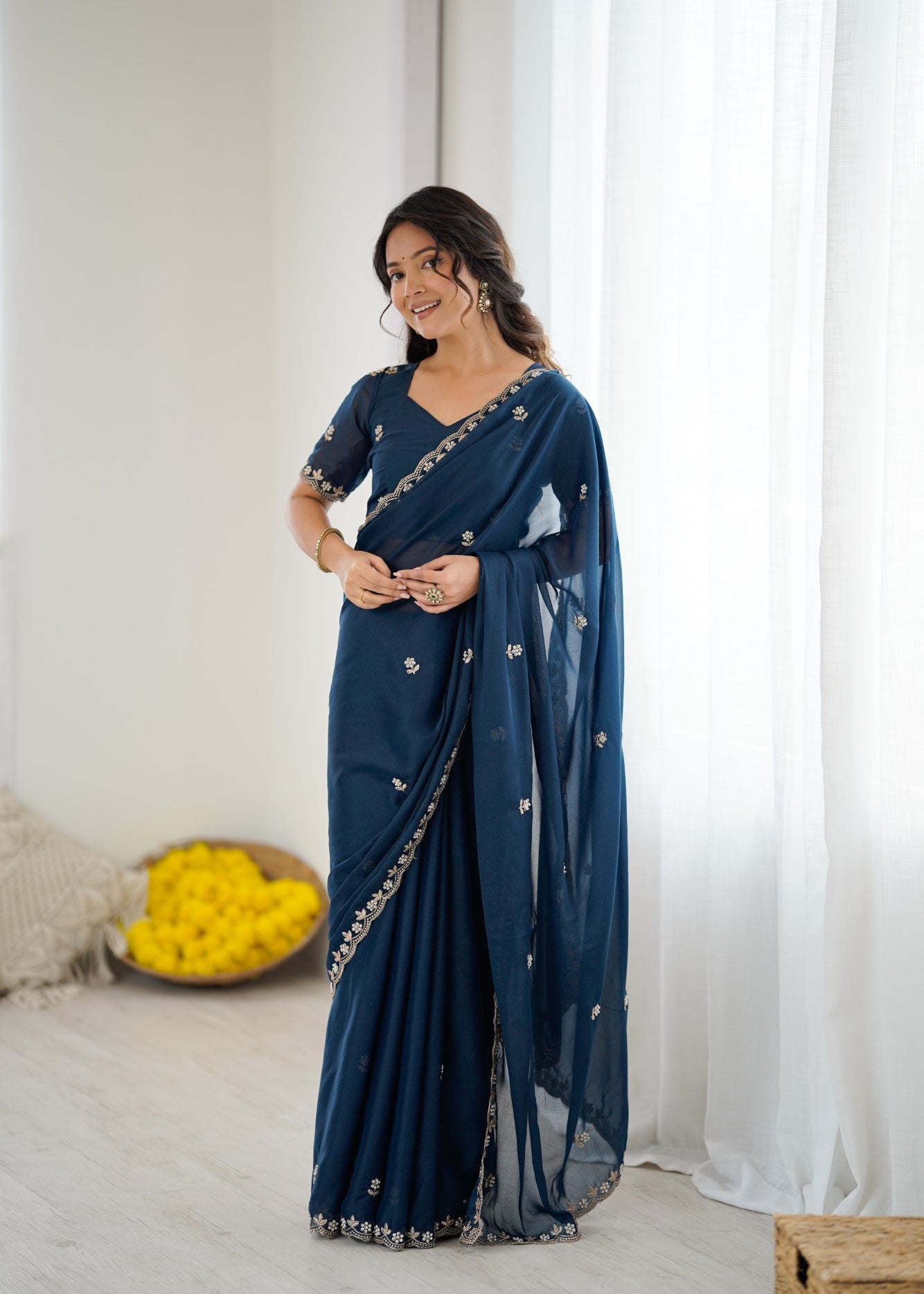 Morpich Star Georgette Saree With Embroidery And Moti Work With Blouse