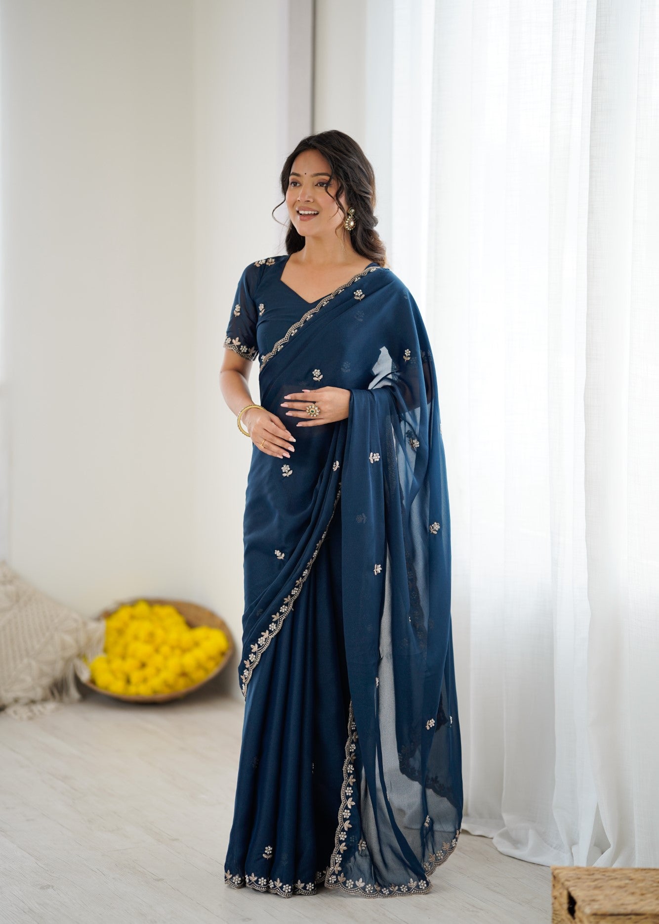 Morpich Star Georgette Saree With Embroidery And Moti Work With Blouse