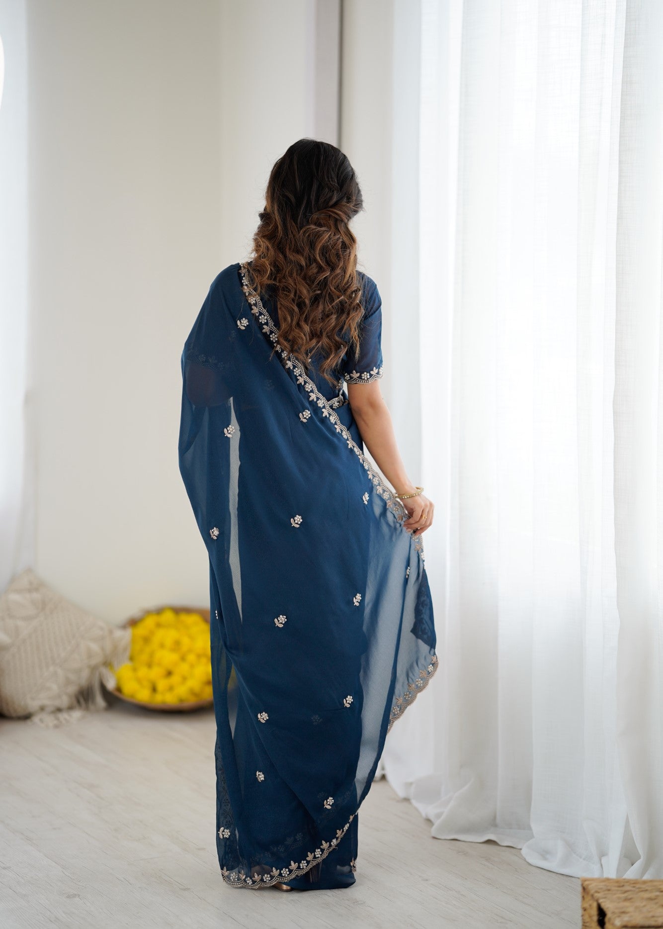 Morpich Star Georgette Saree With Embroidery And Moti Work With Blouse