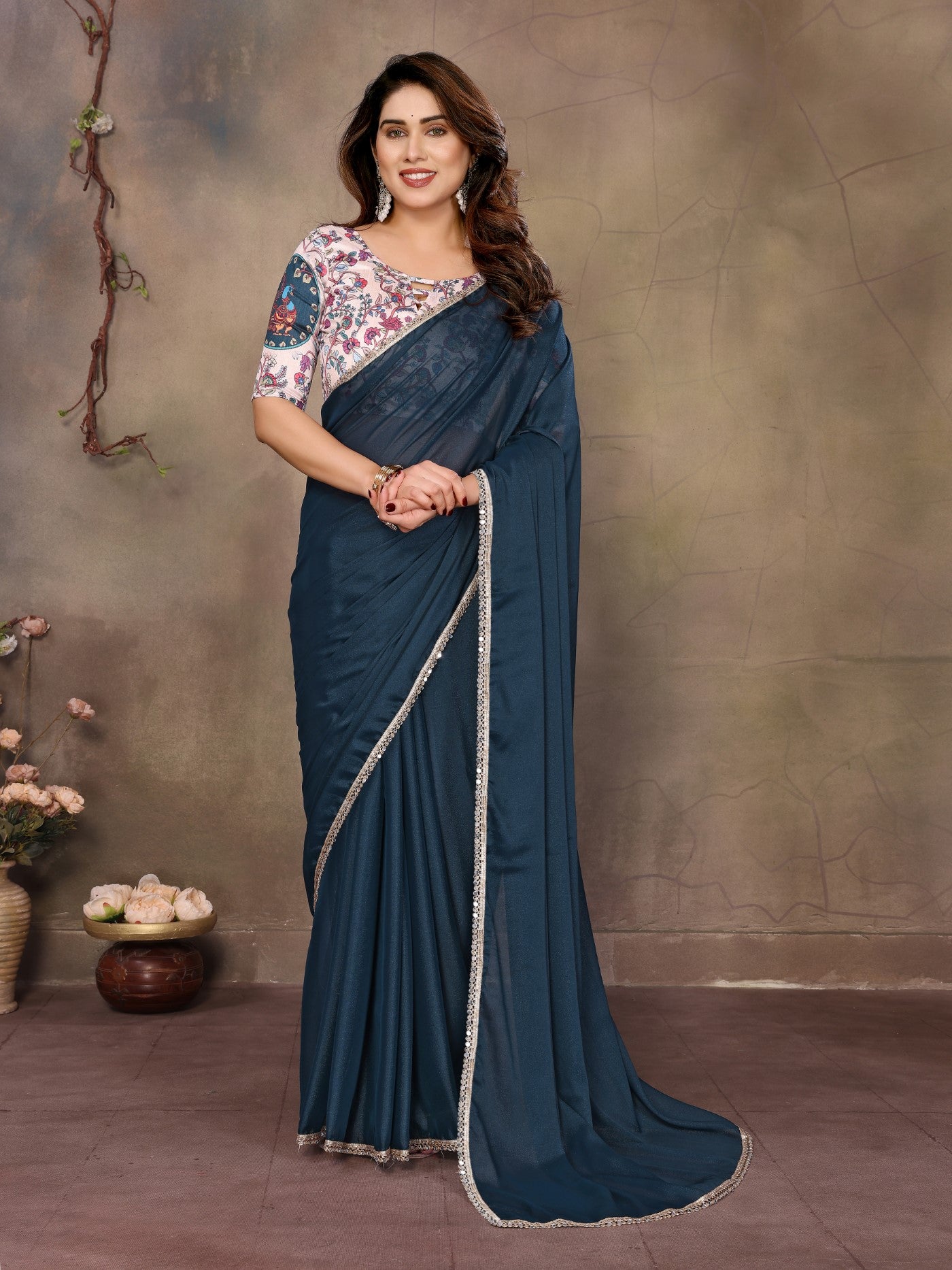 Morpich Star Georgette Saree With Mirror Border Design