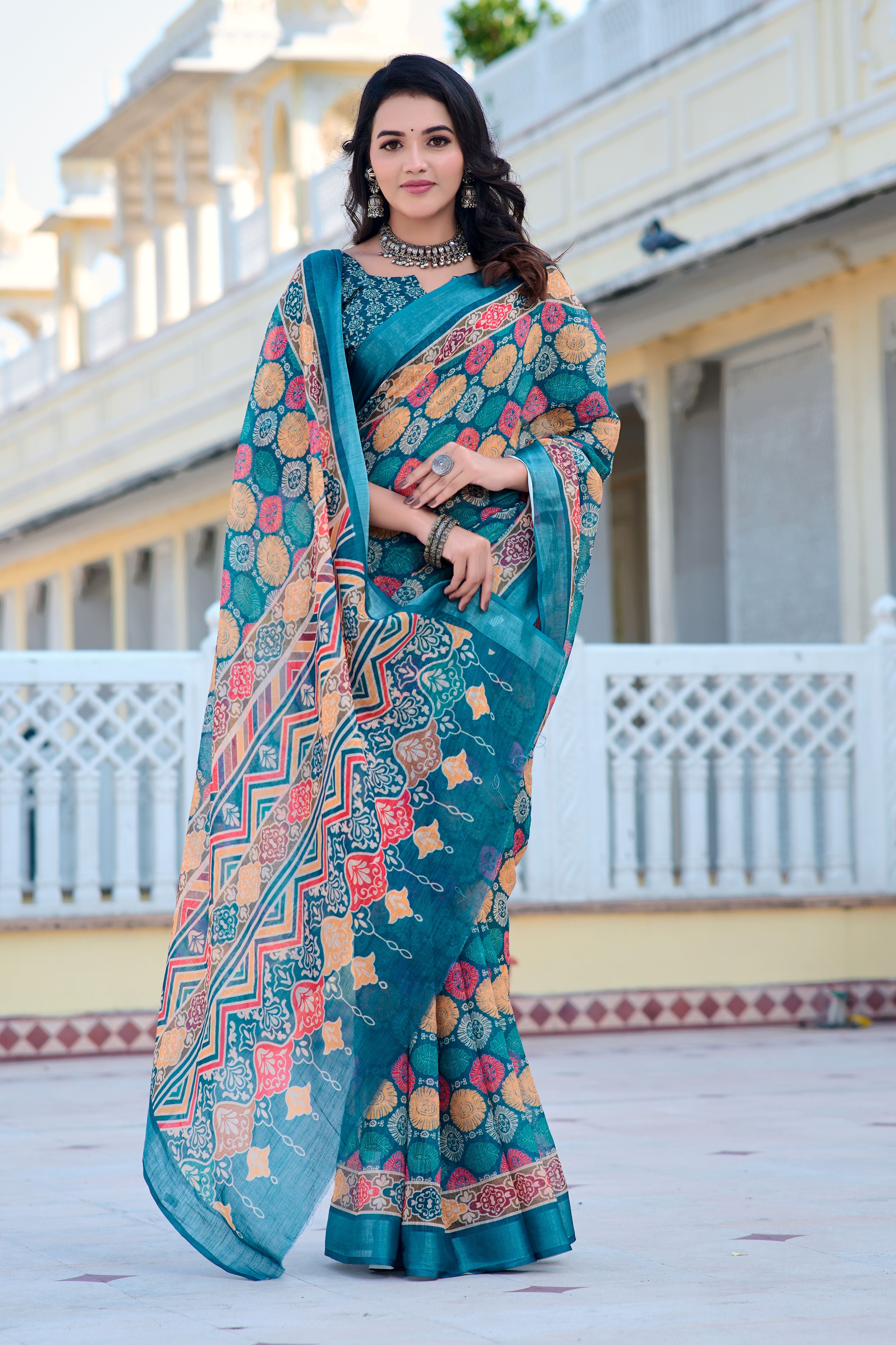 Multi Beautiful Linen Cotton Designer Festive Wear Saree