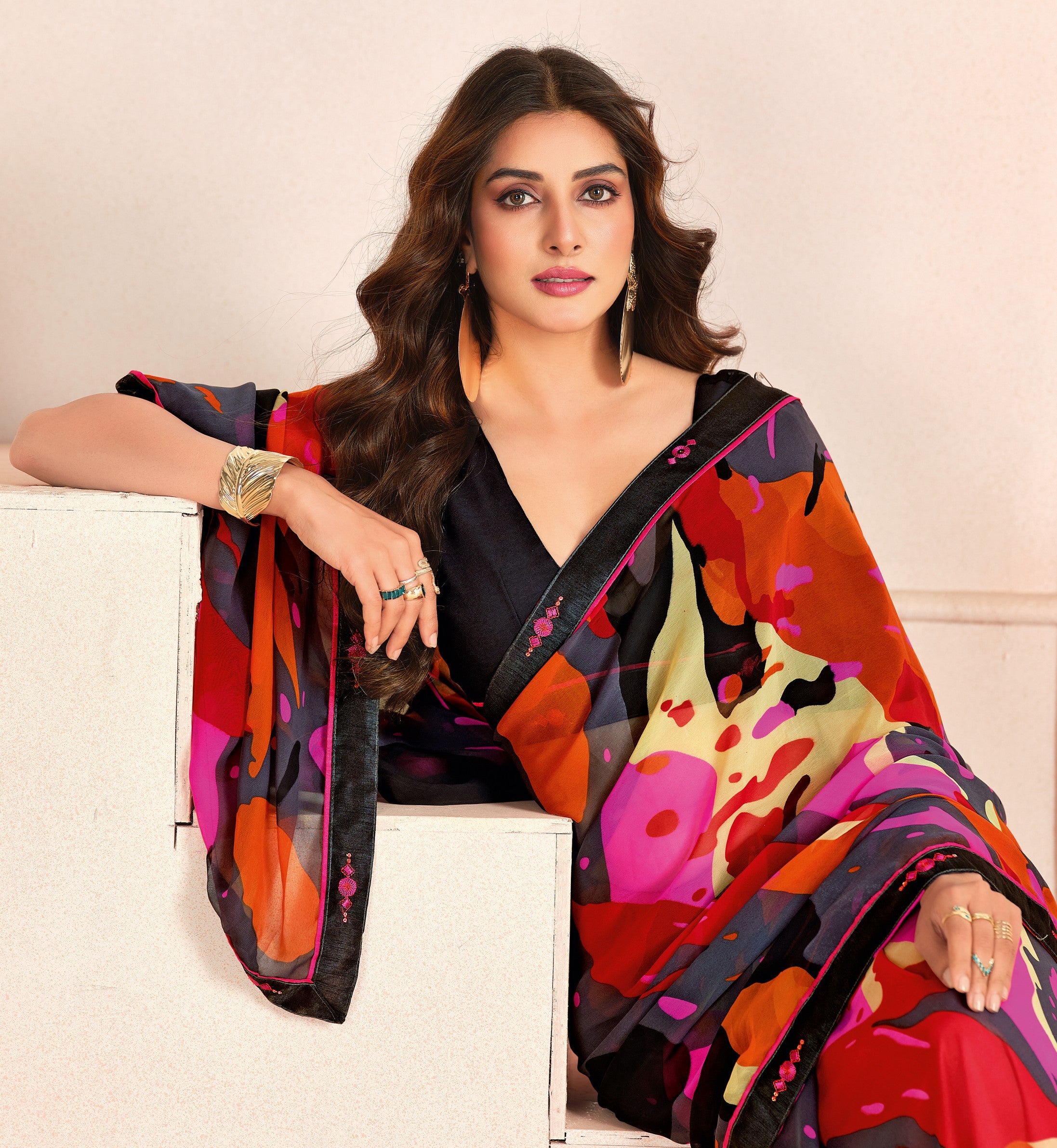 Multi Bemberg Georgette Elegant Designer Digital Printed Ceremonial Classy Saree