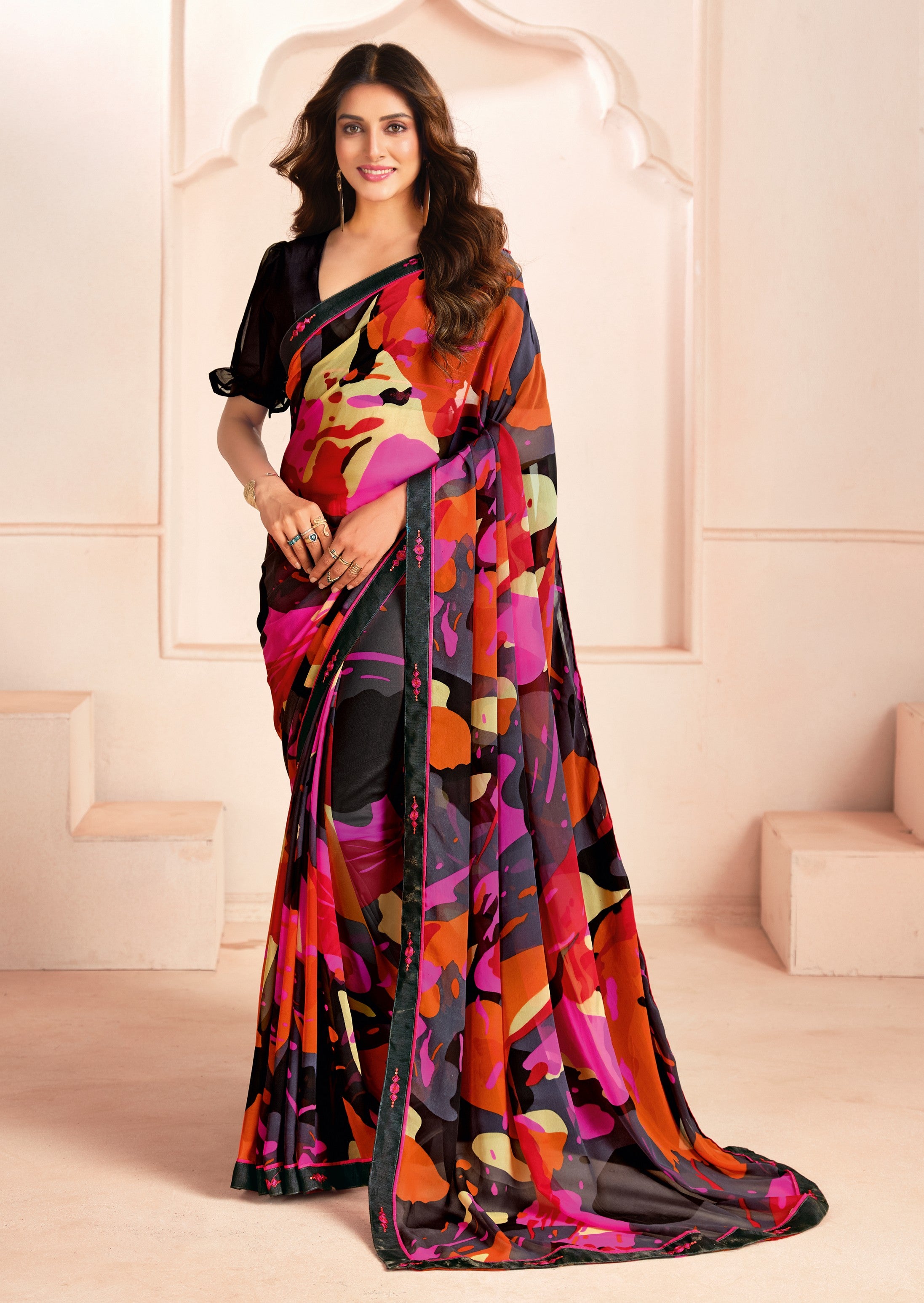 Multi Bemberg Georgette Elegant Designer Digital Printed Ceremonial Classy Saree