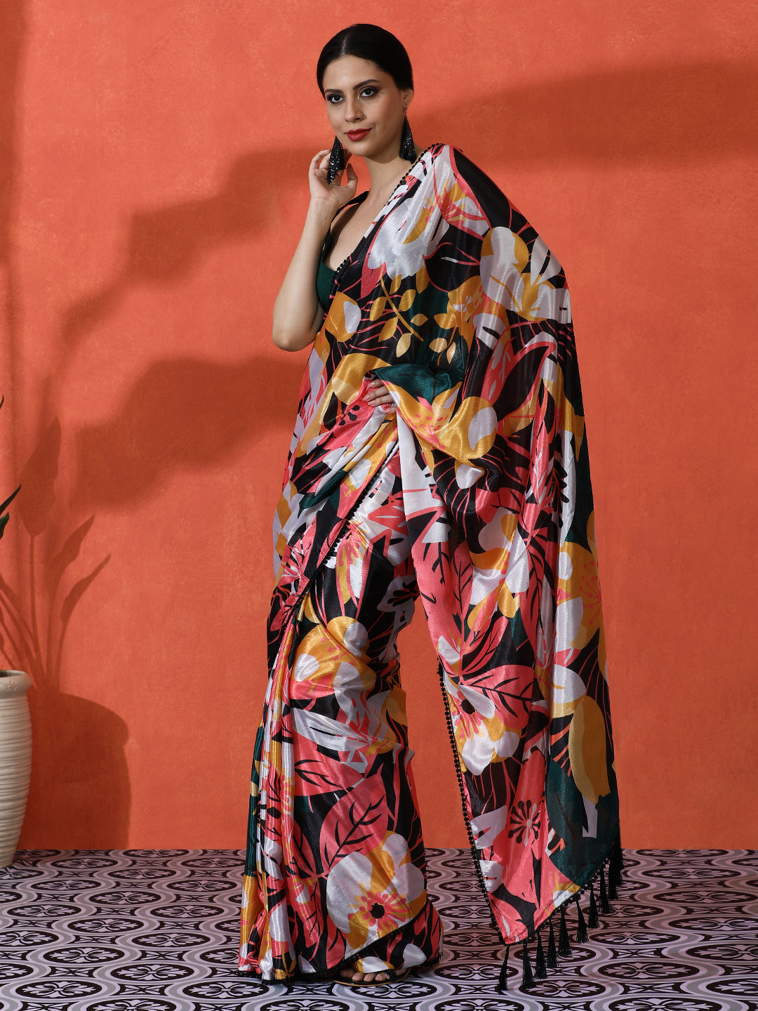 Multi Chinon Designer Digital Printed Saree For Ceremonial Looks