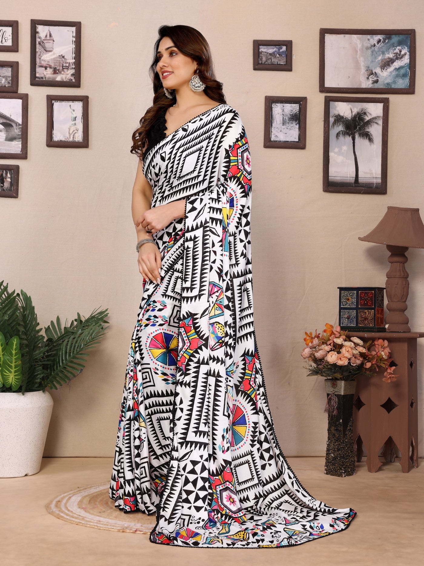 Multi Color Bright Moss Saree With Printed Design