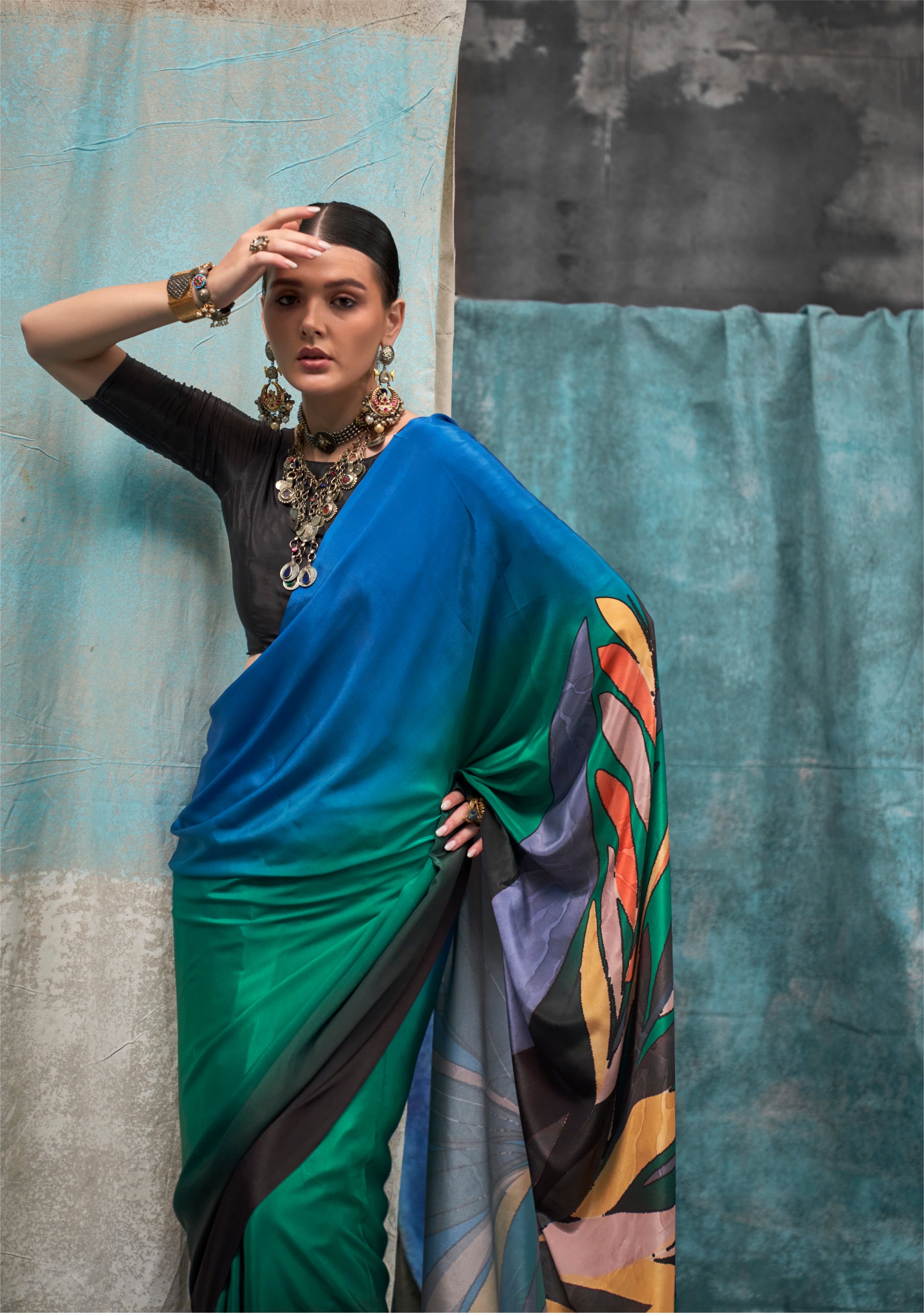 MultiColor Crape Saree With Digital Print