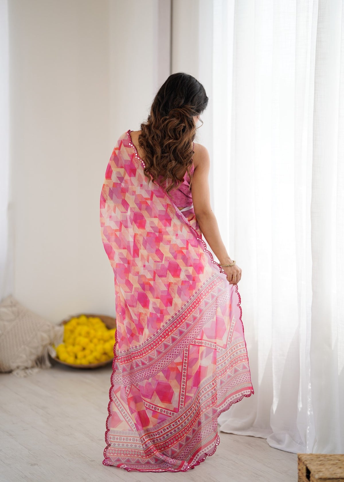 Multi Color Georgette Saree With Digital Print And Mirror Work