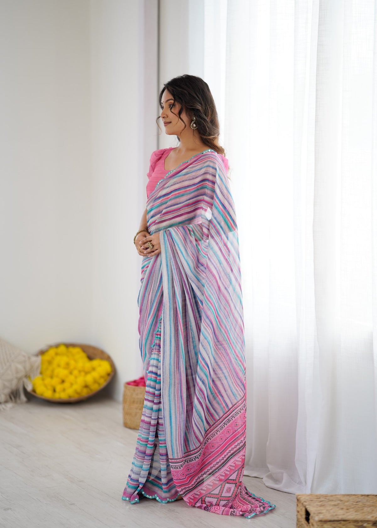 Multi Color Georgette Saree With Digital Print And Mirror Work