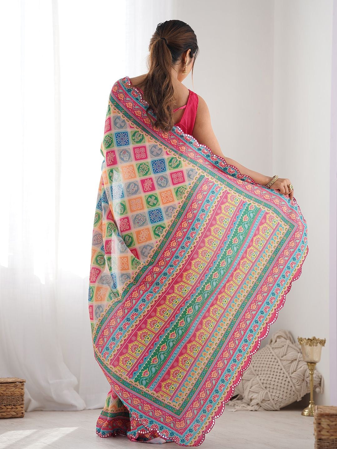 Multi Color Georgette Saree With Digital Print And Mirror Work