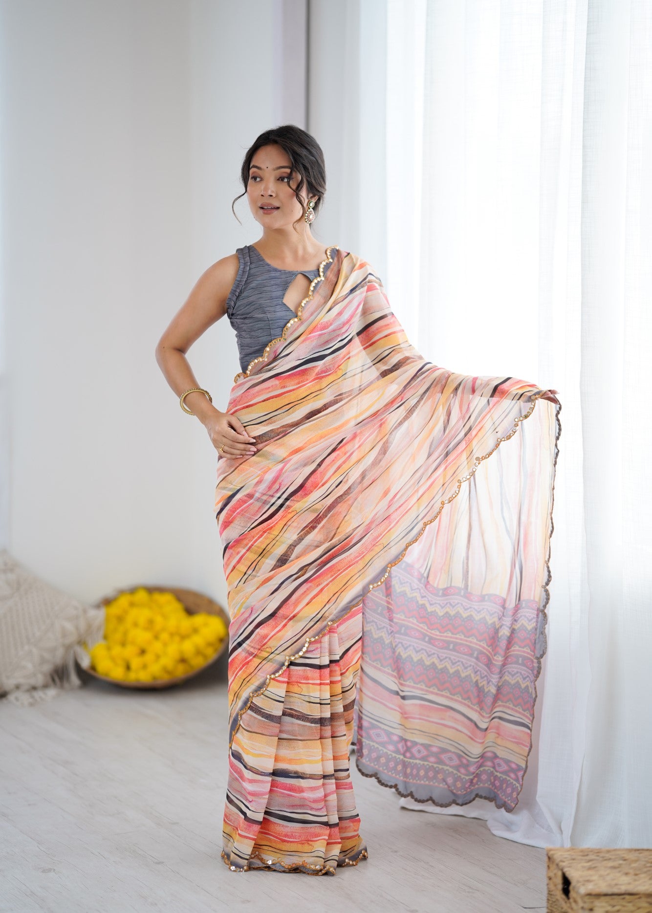Multi Color Georgette Saree With Digital Print And Mirror Work