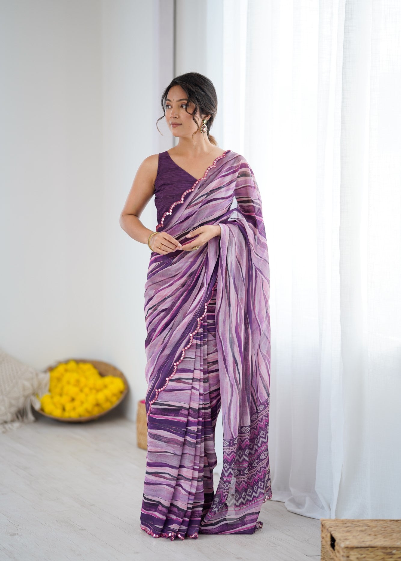 Multi Color Georgette Saree With Digital Print And Mirror Work