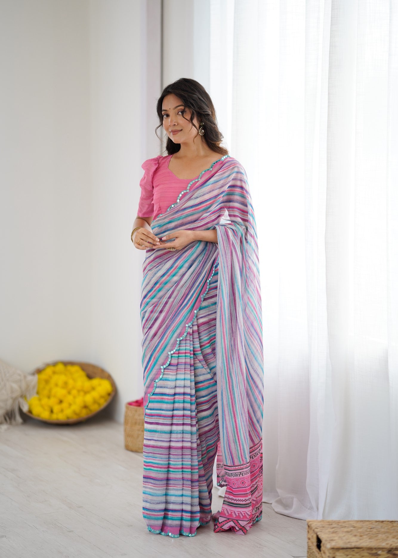 Multi Color Georgette Saree With Digital Print And Mirror Work