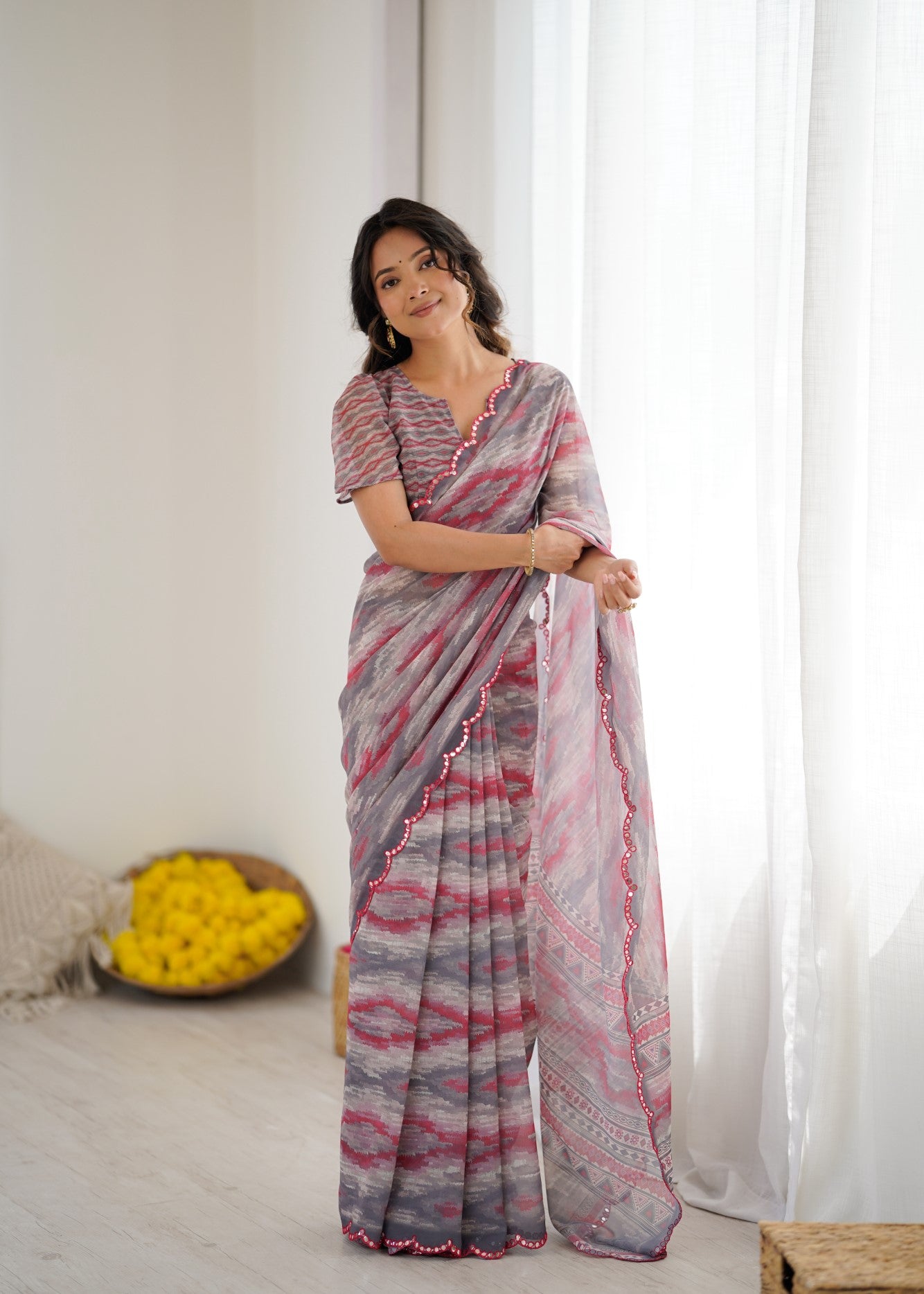 Multi Color Georgette Saree With Digital Print And Mirror Work