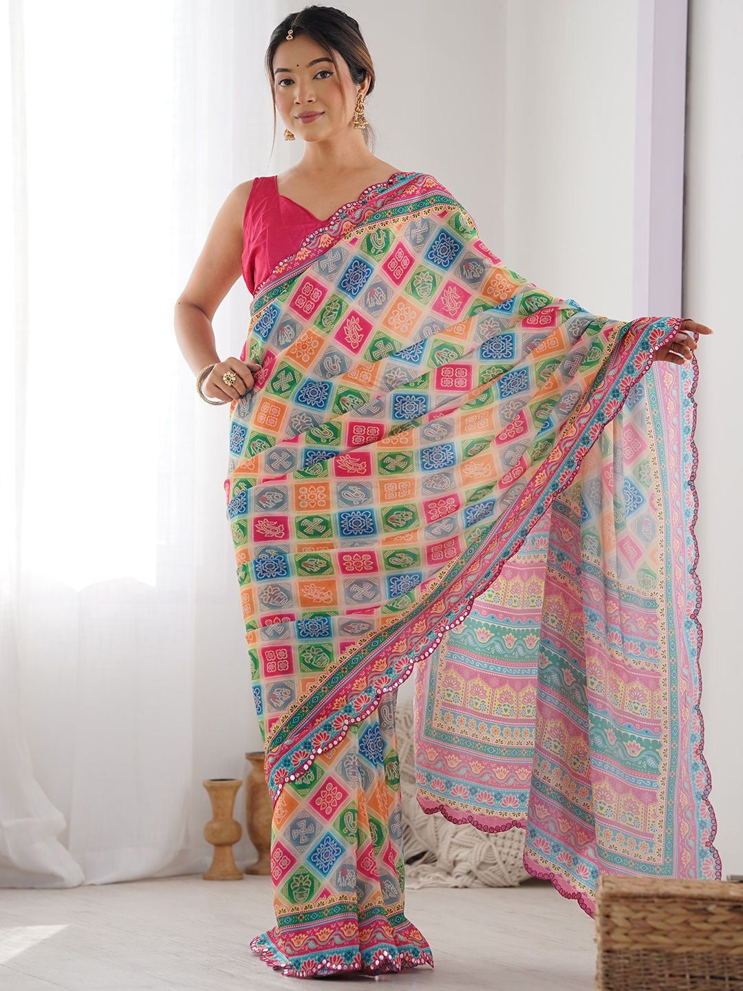 Multi Color Georgette Saree With Digital Print And Mirror Work