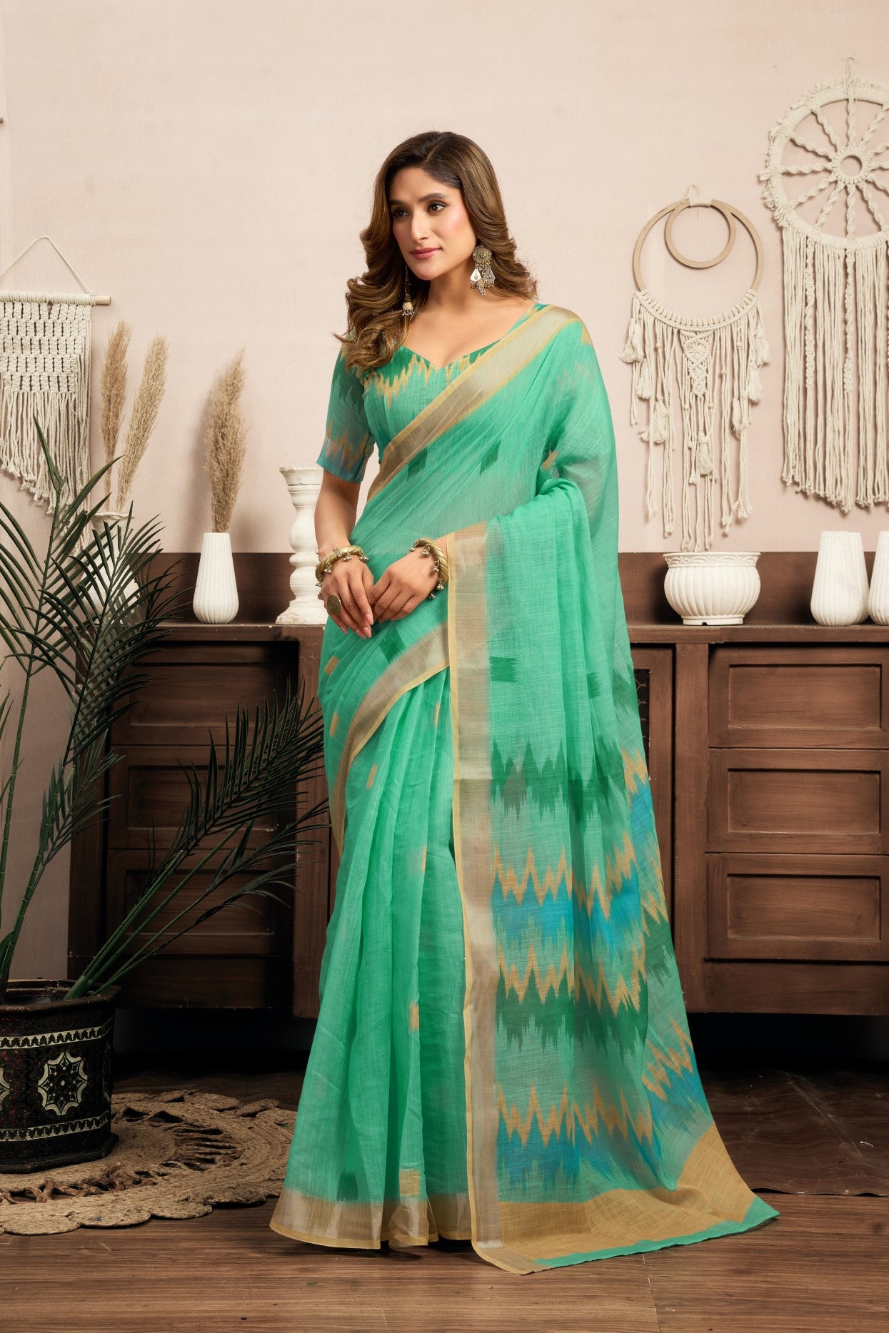 Multi Color Linen Ready To Wear Saree With Printed Design And Zari Stripe Border With Pocket