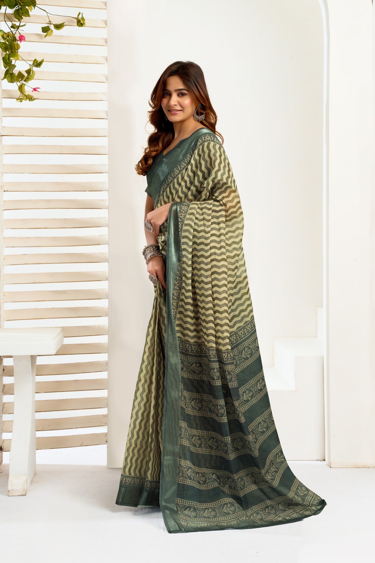 Multi Color Linen Ready To Wear Saree With Printed Design And Zari Stripe Border With Pocket